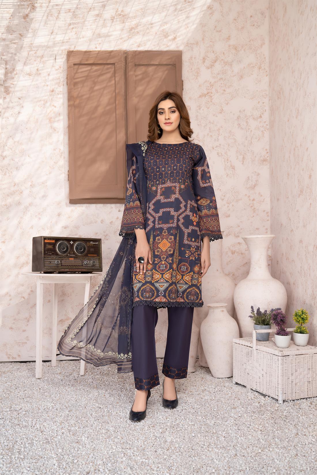 Navy Blue Digital Print Printed Salwar Suit & Chiffon Dupatta
