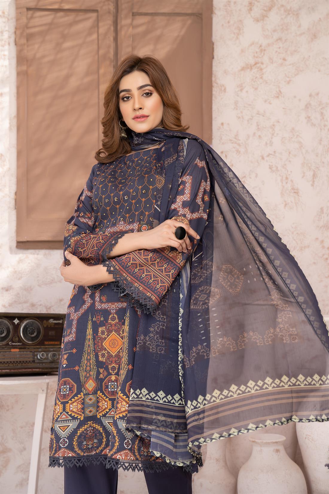 Navy Blue Digital Print Printed Salwar Suit & Chiffon Dupatta
