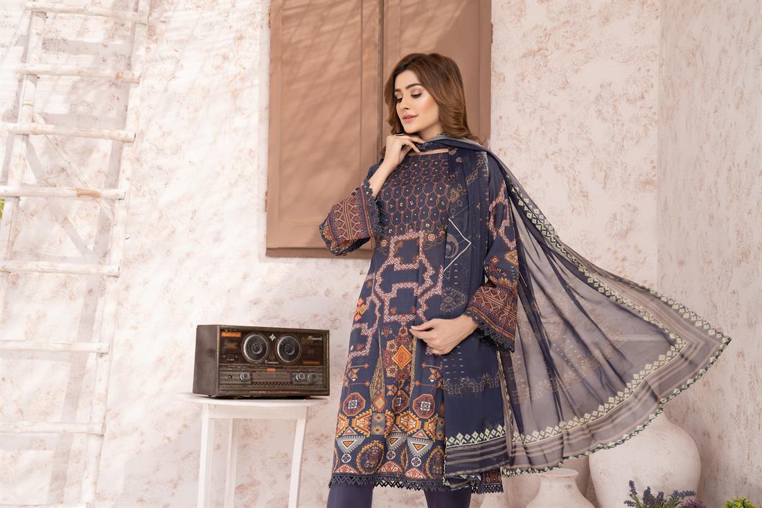 Navy Blue Digital Print Printed Salwar Suit & Chiffon Dupatta