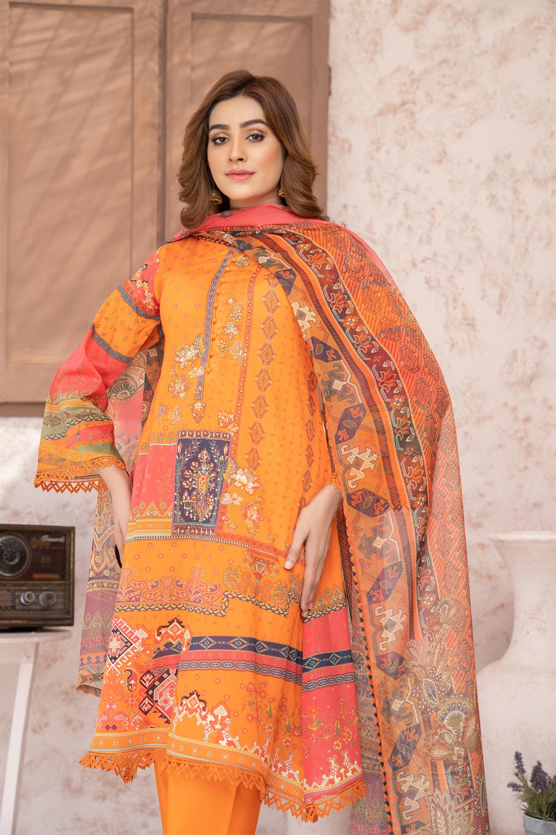 Orange Digital Print Printed Lawn Salwar Suit & Chiffon Dupatta