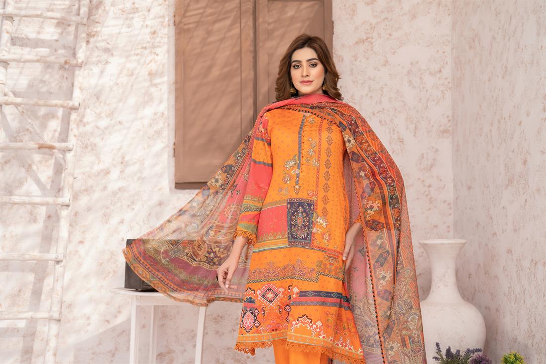 Orange Digital Print Printed Lawn Salwar Suit & Chiffon Dupatta