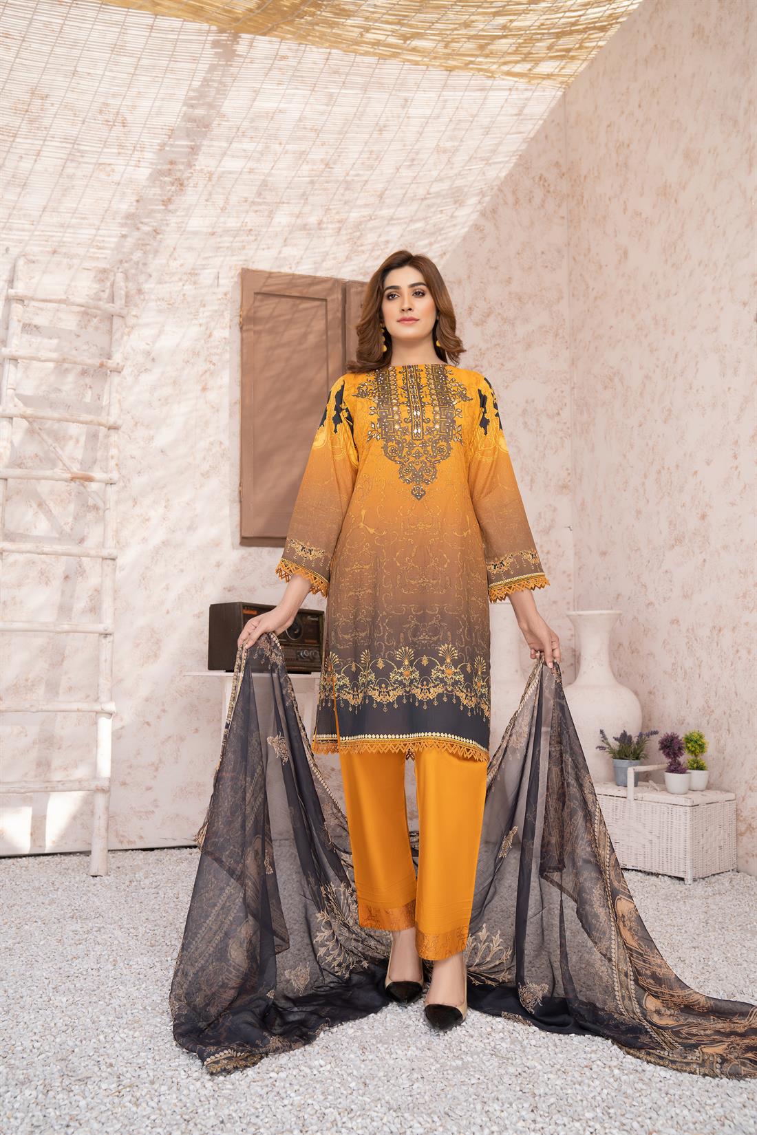 Mustard Digital Print Readymade Printed Lawn Suit with Dupatta