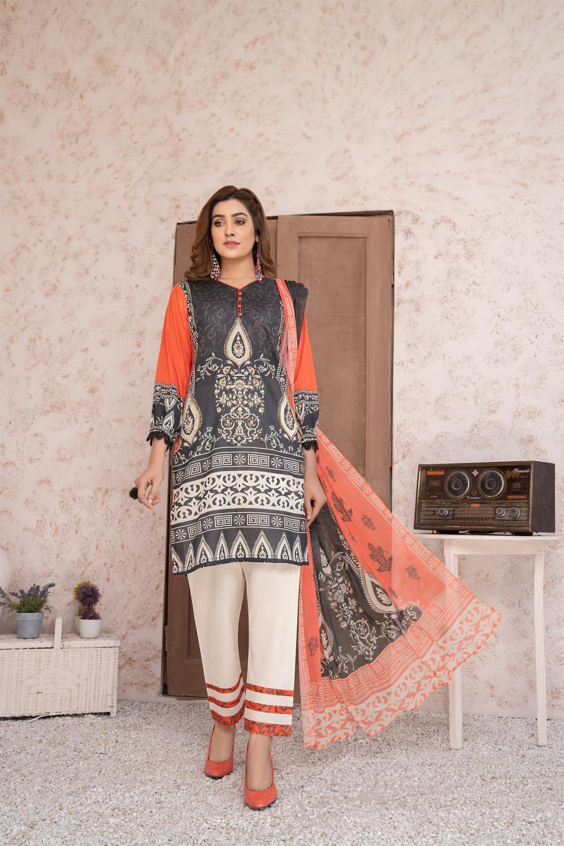Black & Orange Digital Print Chiffon 3 Piece Black/Orange Printed Lawn Suit with Dupatta