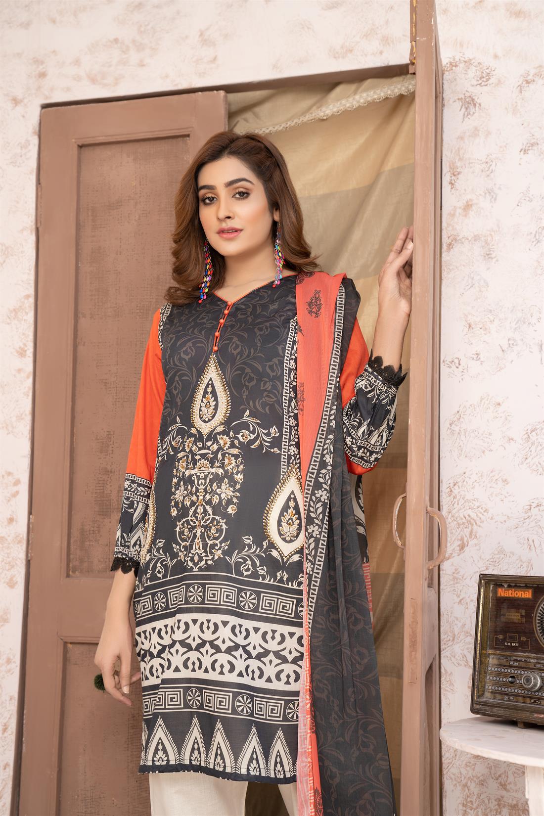 Black & Orange Digital Print Chiffon 3 Piece Black/Orange Printed Lawn Suit with Dupatta