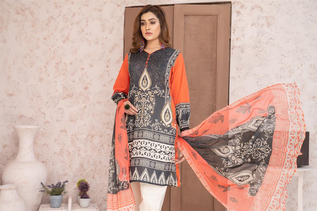 Black & Orange Digital Print Chiffon 3 Piece Black/Orange Printed Lawn Suit with Dupatta