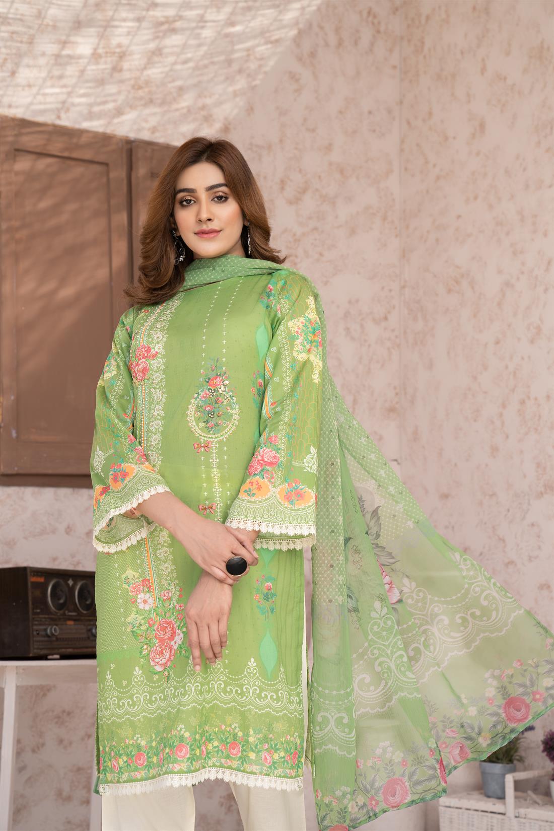Green Digital Print Chiffon Ladies Readymade