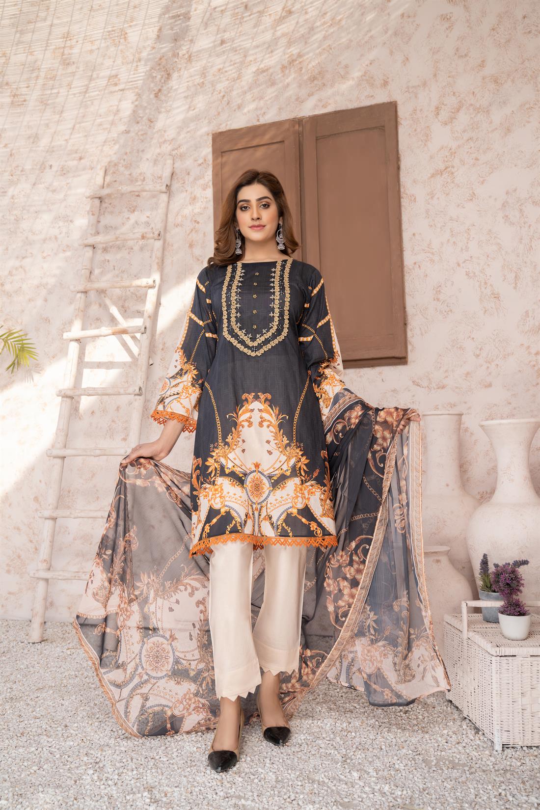 Black & Cream Embroidered 3 Piece Printed Lawn Suit with Trouser & Dupatta