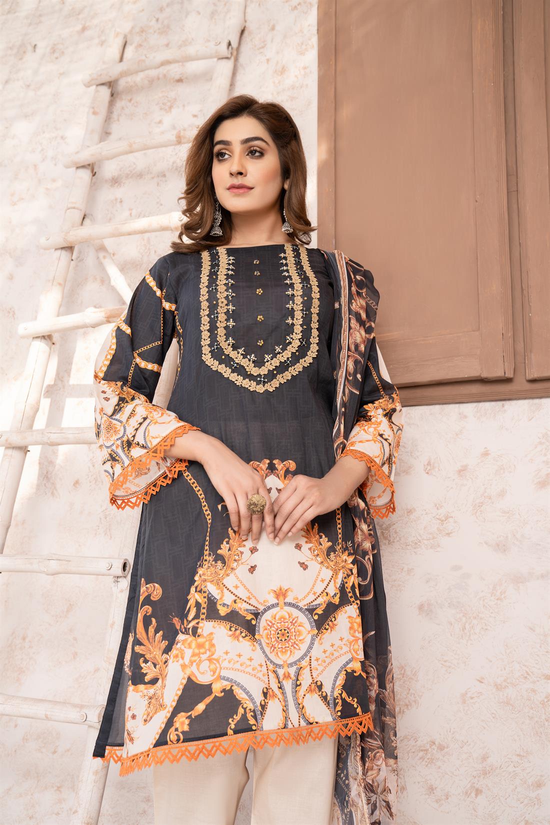 Black & Cream Embroidered 3 Piece Printed Lawn Suit with Trouser & Dupatta