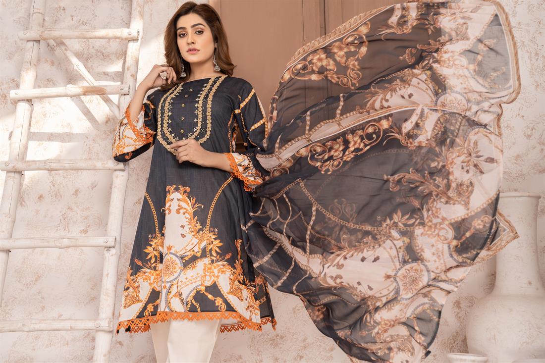 Black & Cream Embroidered 3 Piece Printed Lawn Suit with Trouser & Dupatta