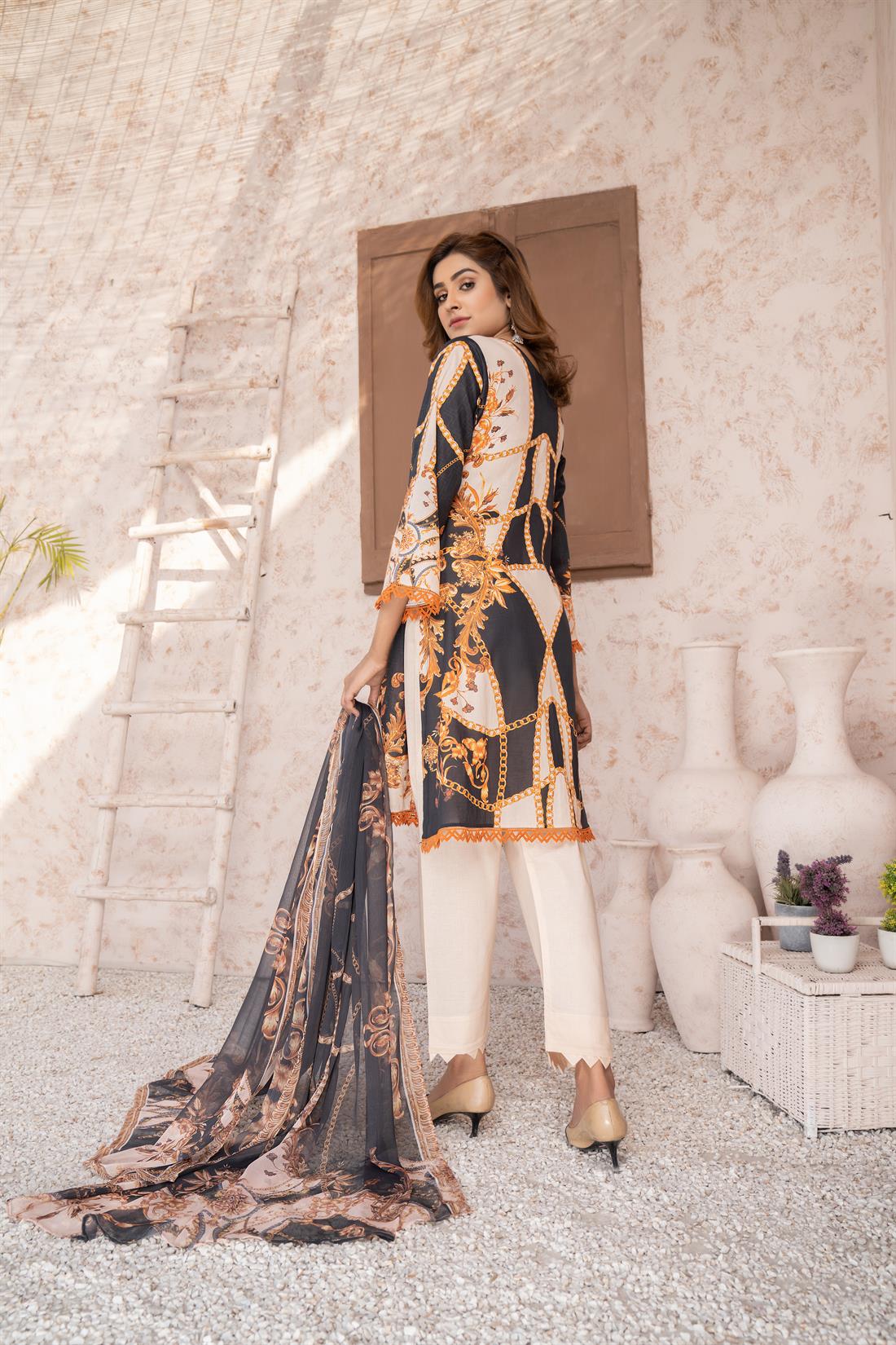Black & Cream Embroidered 3 Piece Printed Lawn Suit with Trouser & Dupatta