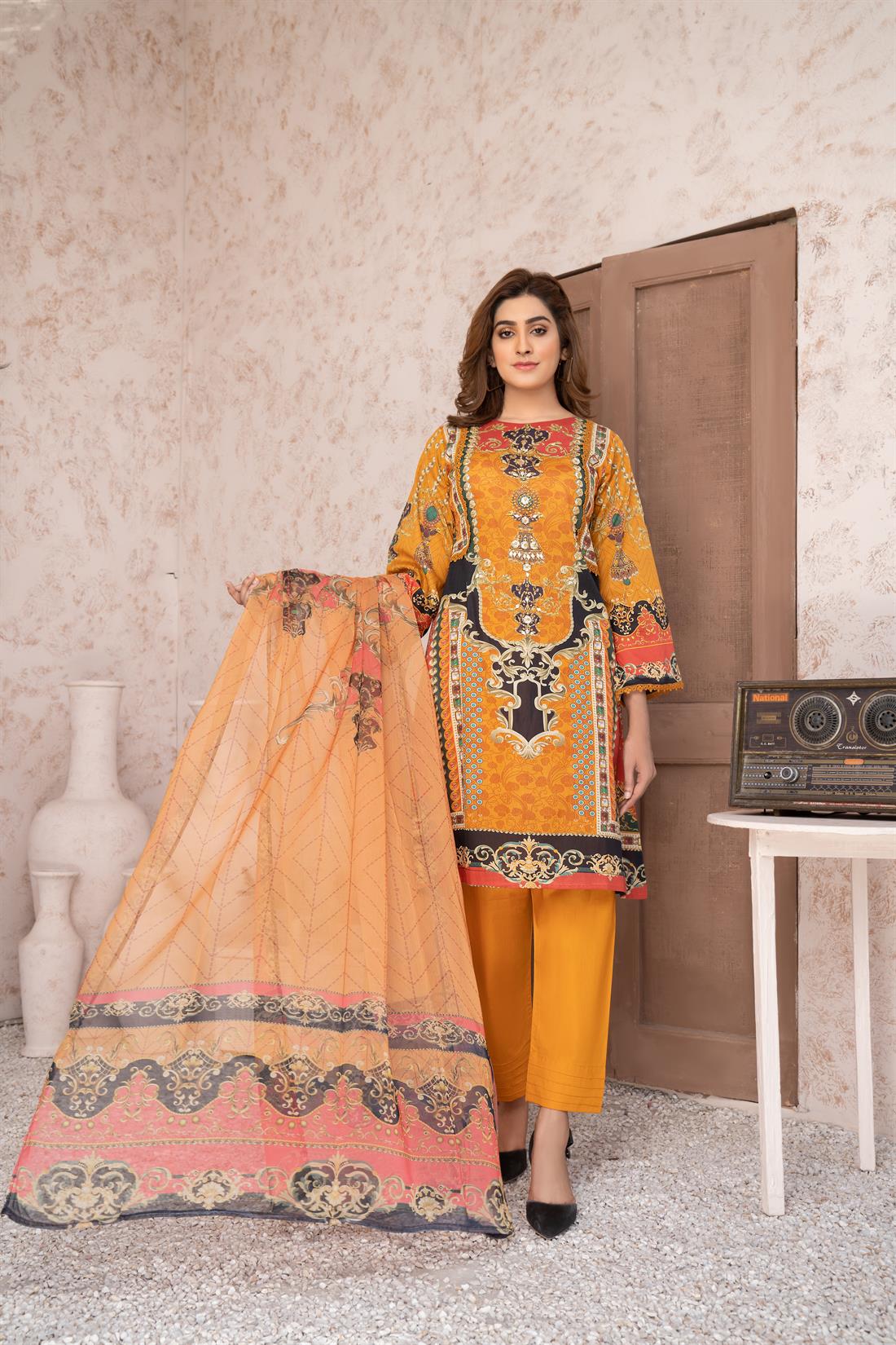 Mustard & Multicolour Digital Print Chiffon Ladies Readymade