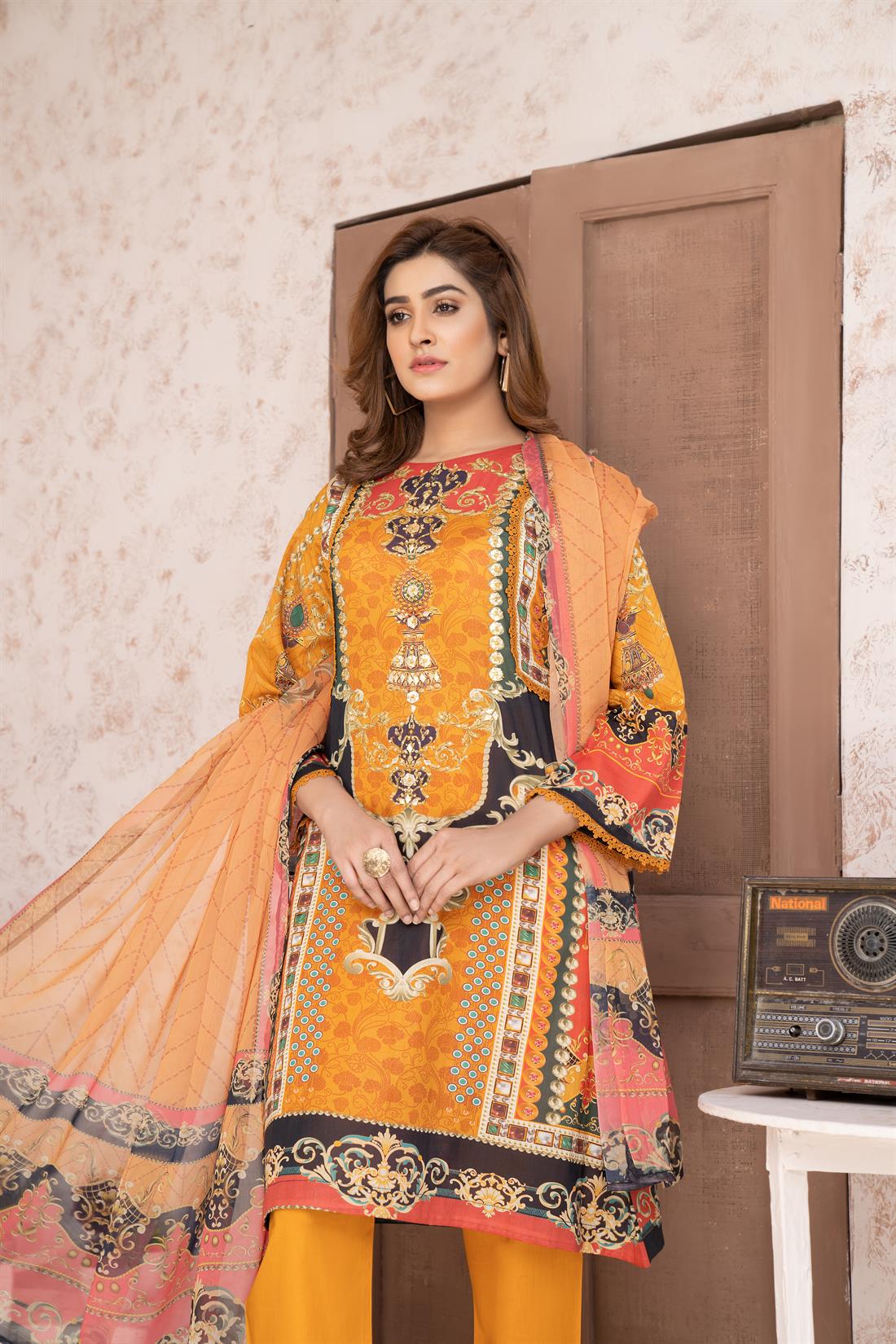 Mustard & Multicolour Digital Print Chiffon Ladies Readymade