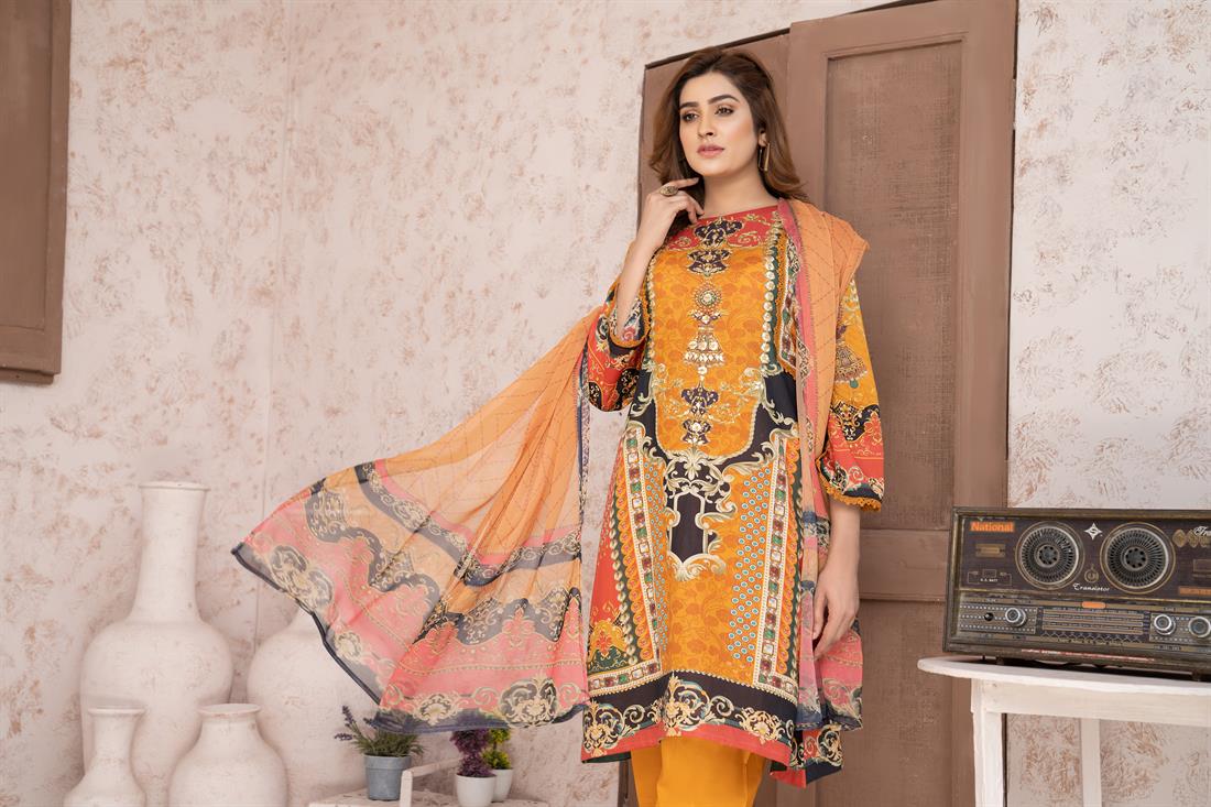 Mustard & Multicolour Digital Print Chiffon Ladies Readymade