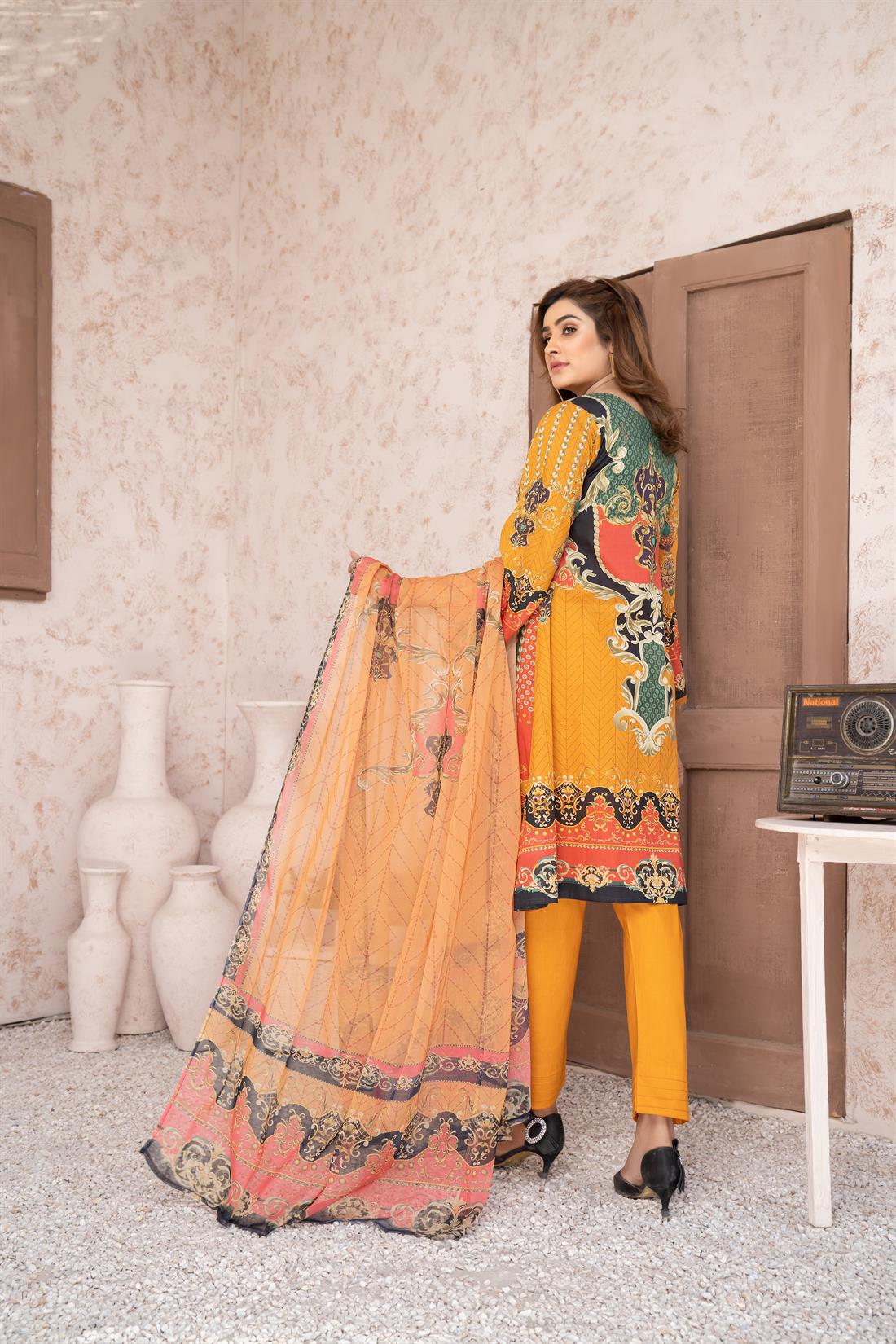 Mustard & Multicolour Digital Print Chiffon Ladies Readymade