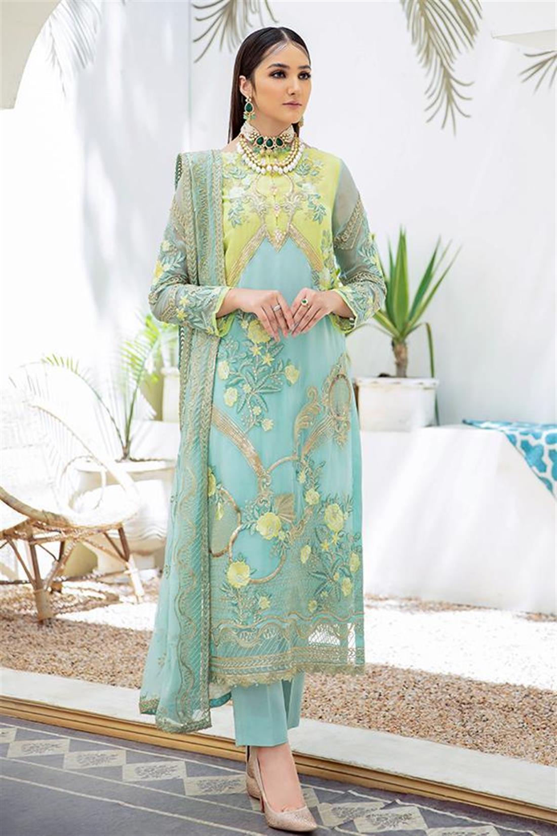 Lime Green Raw Silk 3 Piece Premium Embroidered Chiffon Suit