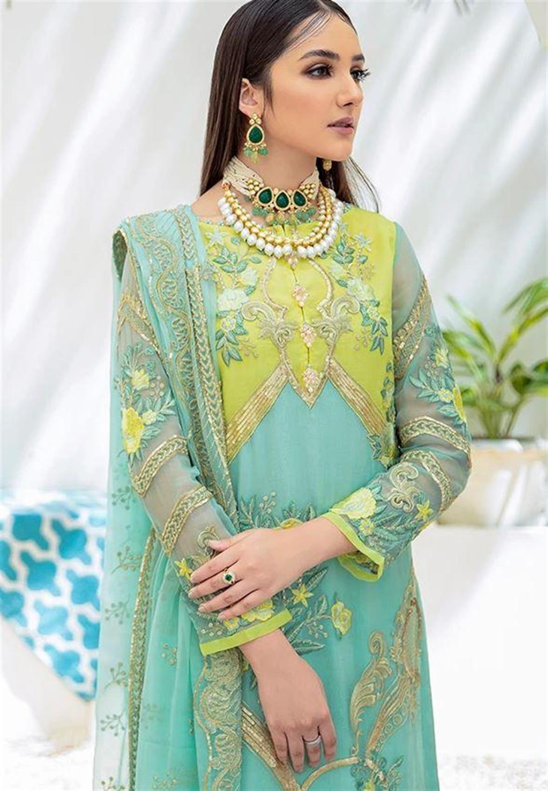 Lime Green Raw Silk 3 Piece Premium Embroidered Chiffon Suit