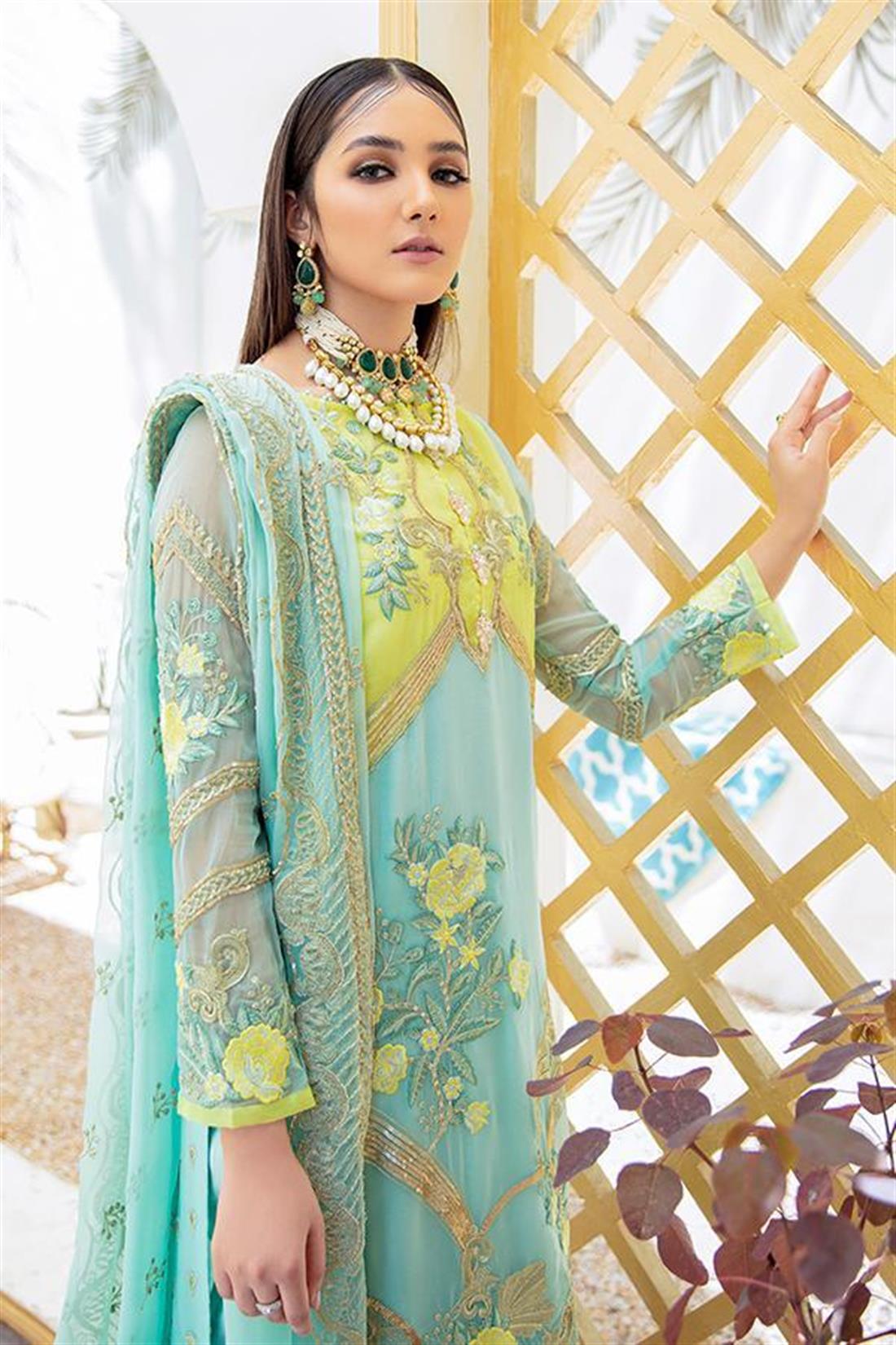 Lime Green Raw Silk 3 Piece Premium Embroidered Chiffon Suit