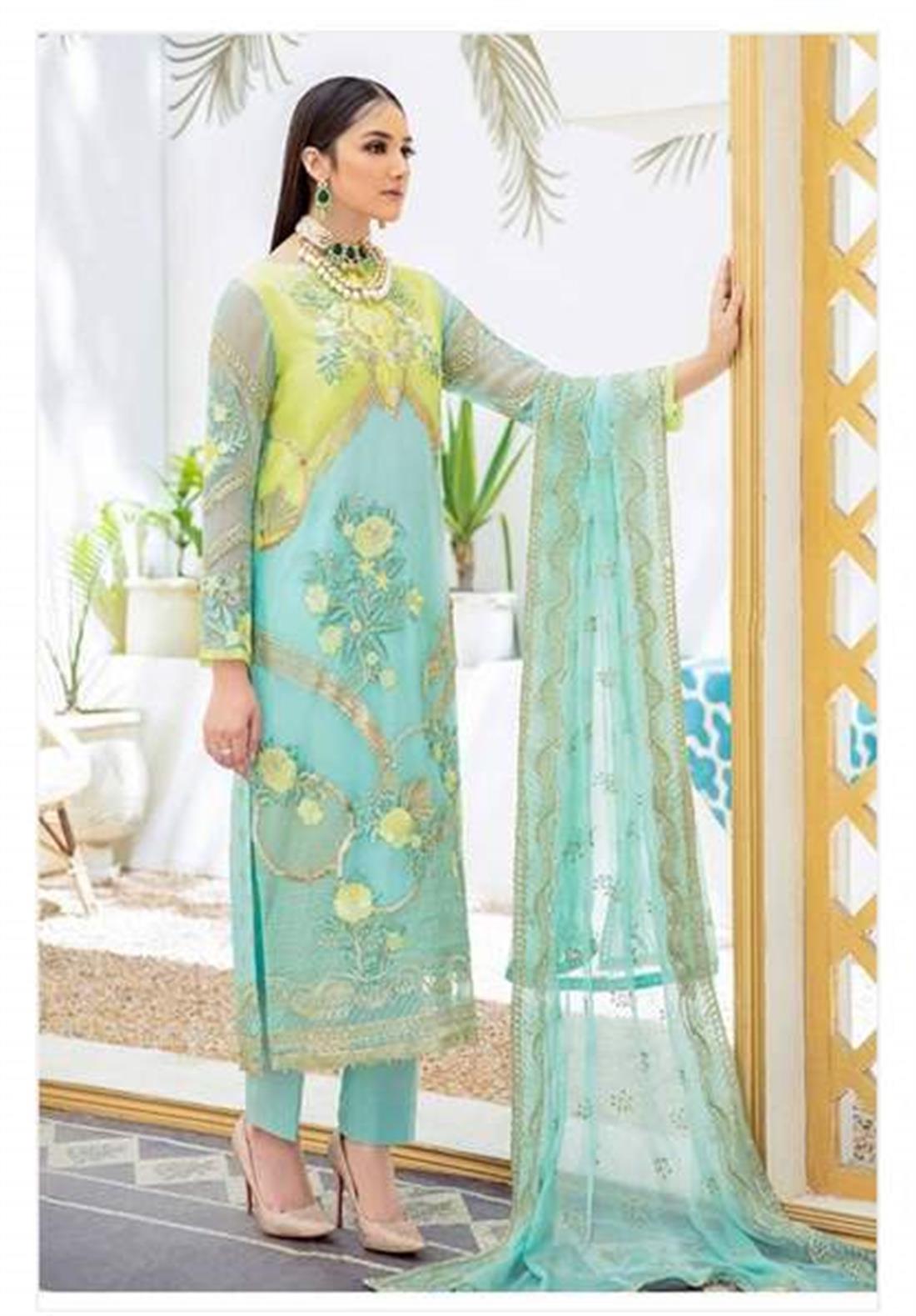 Lime Green Raw Silk 3 Piece Premium Embroidered Chiffon Suit