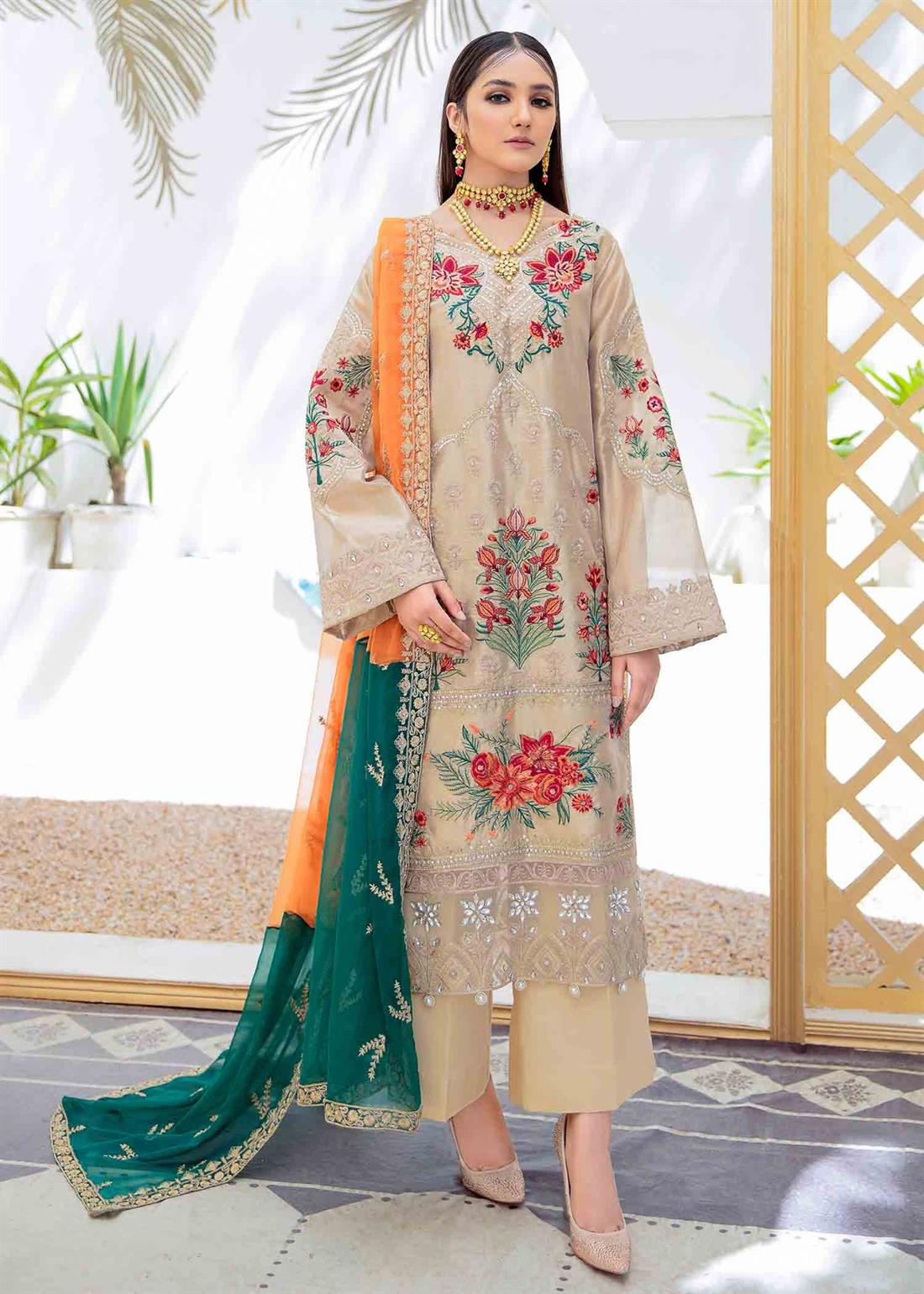 Rose Gold Raw Silk 3 Piece Premium Embroidered Organza Suit