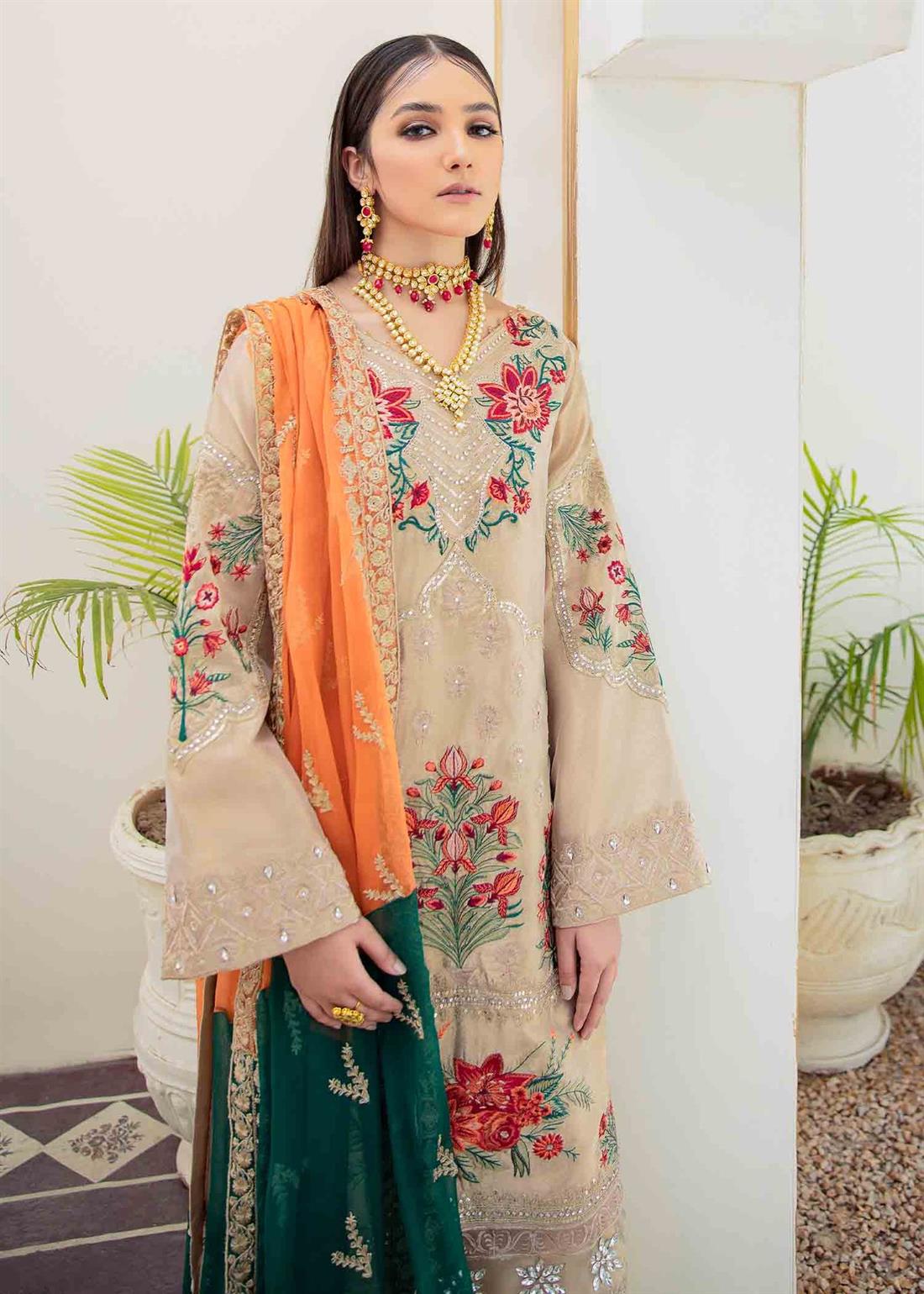 Rose Gold Raw Silk 3 Piece Premium Embroidered Organza Suit