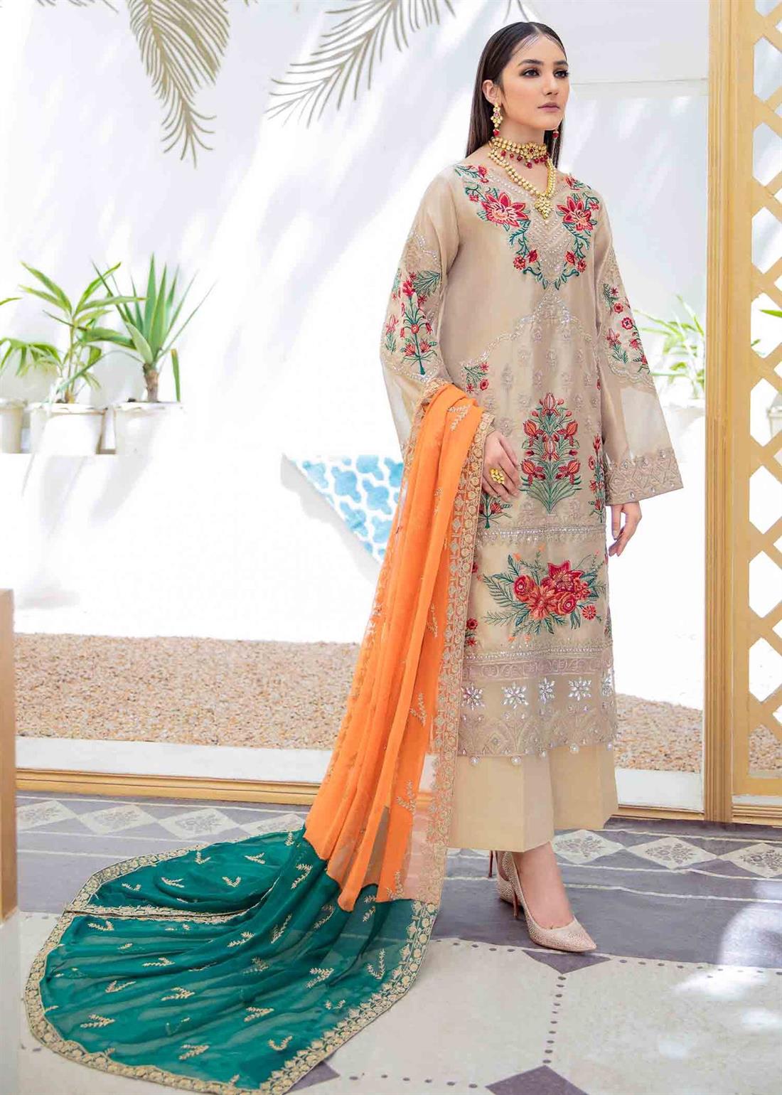 Rose Gold Raw Silk 3 Piece Premium Embroidered Organza Suit