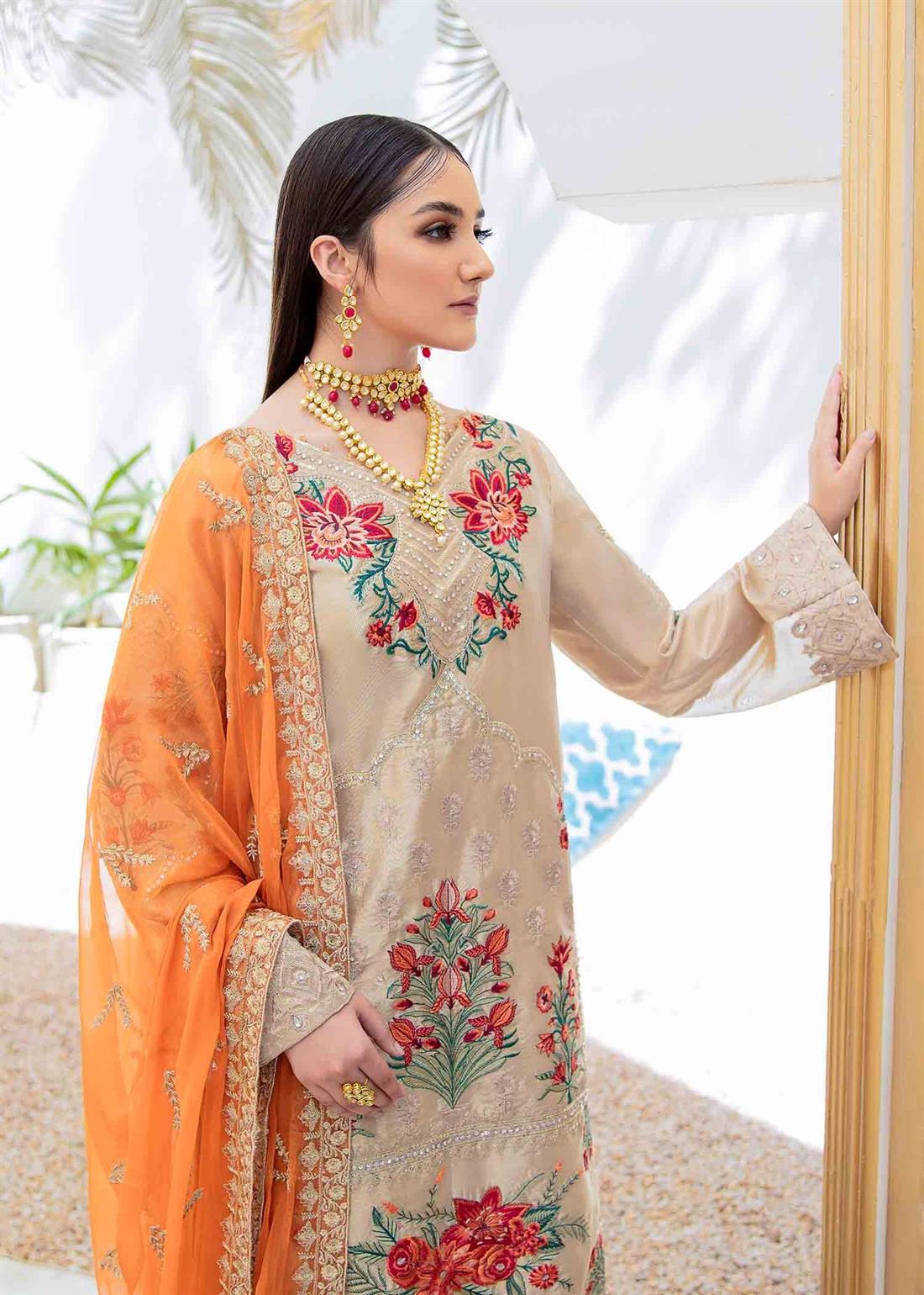 Rose Gold Raw Silk 3 Piece Premium Embroidered Organza Suit