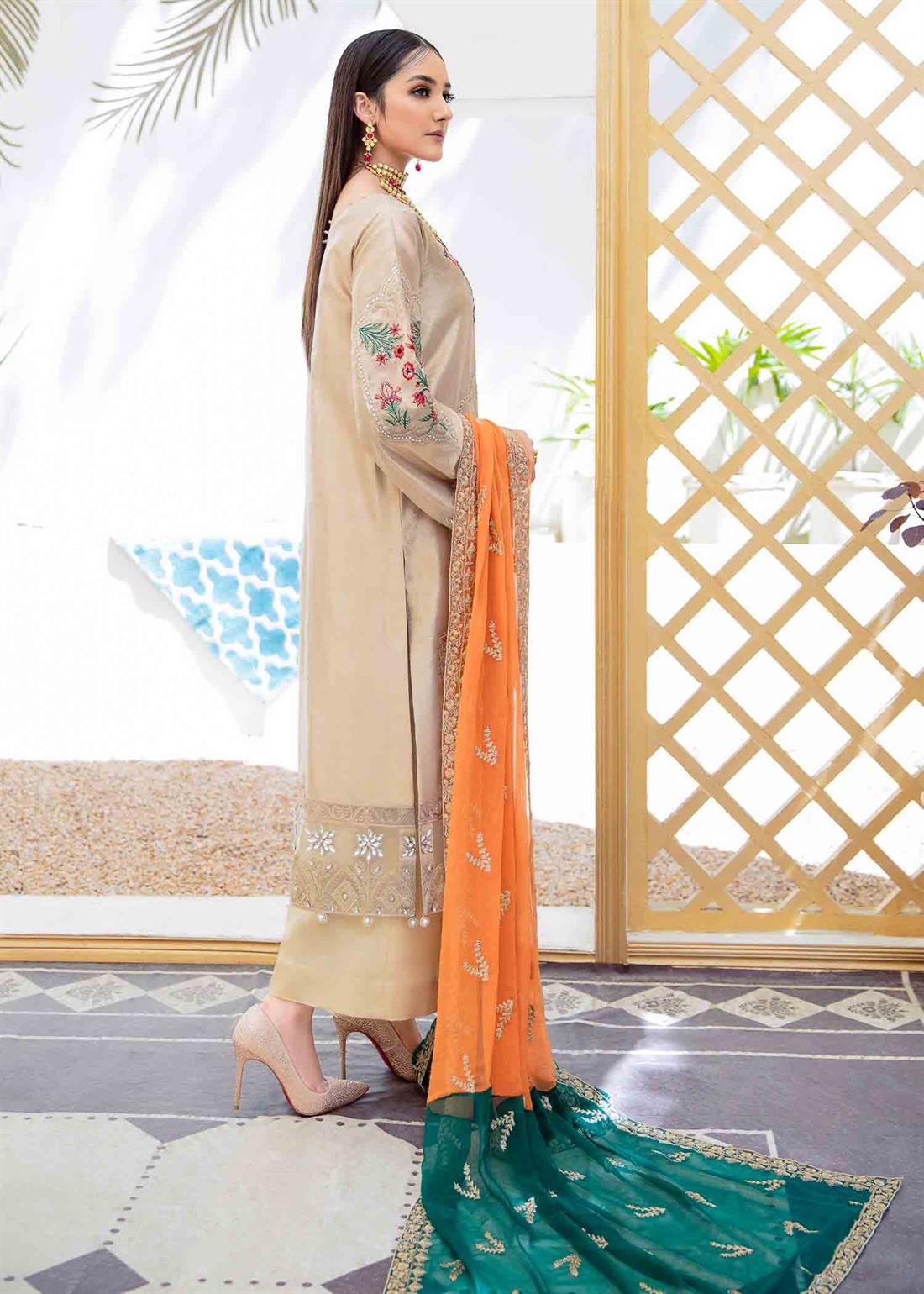 Rose Gold Raw Silk 3 Piece Premium Embroidered Organza Suit