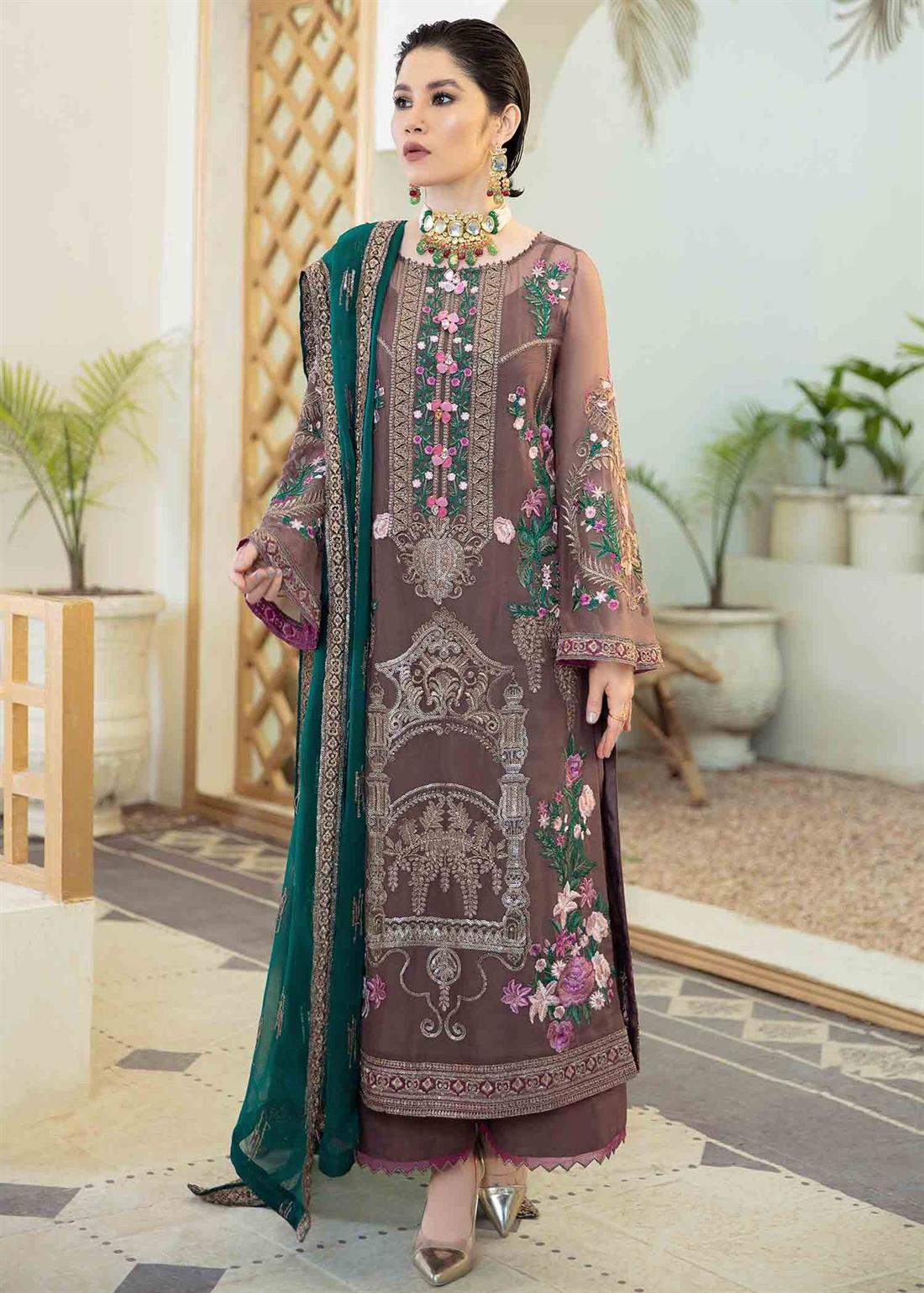 Brown Embroidered Raw Silk Ladies Readymade