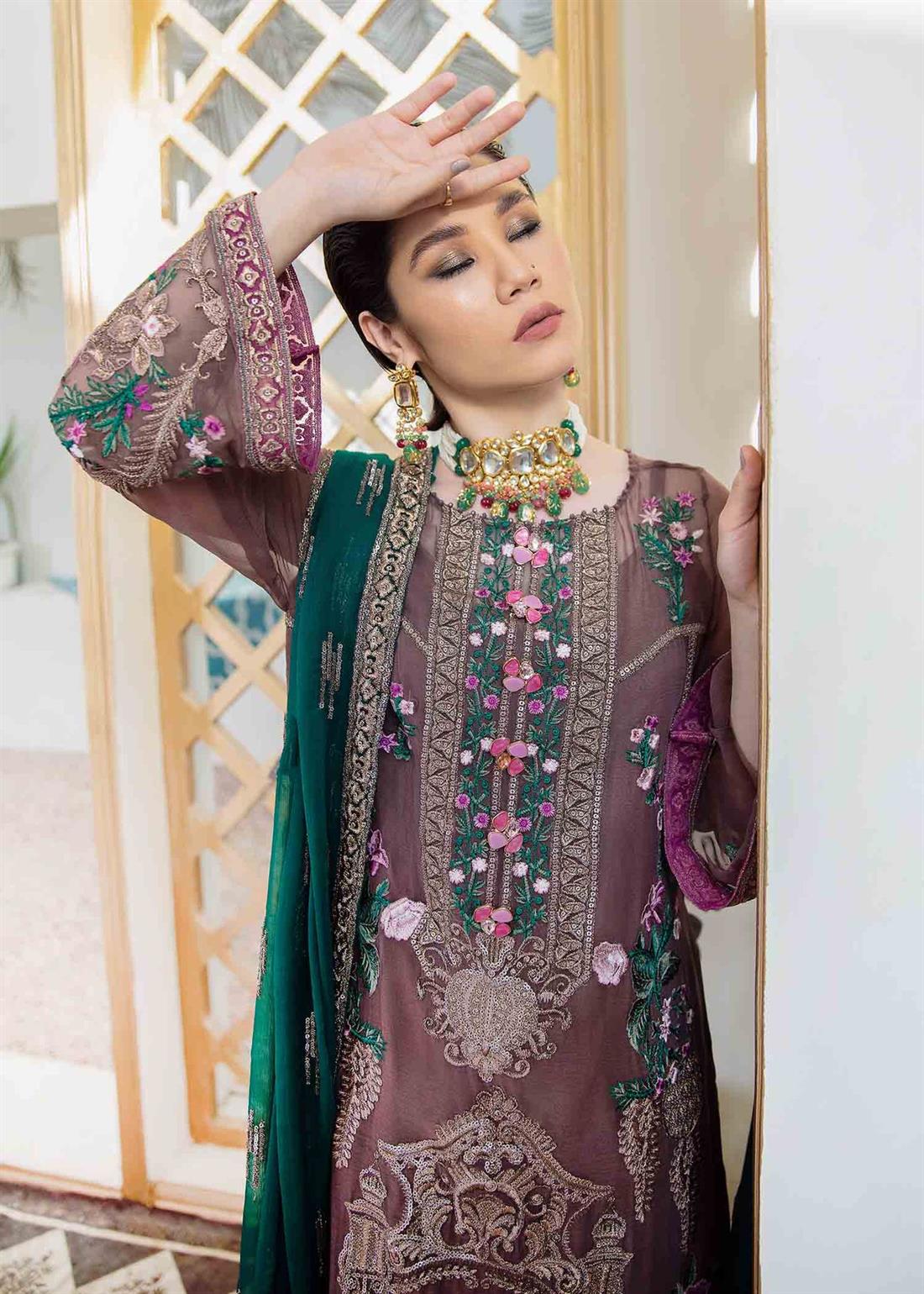 Brown Embroidered Raw Silk Ladies Readymade