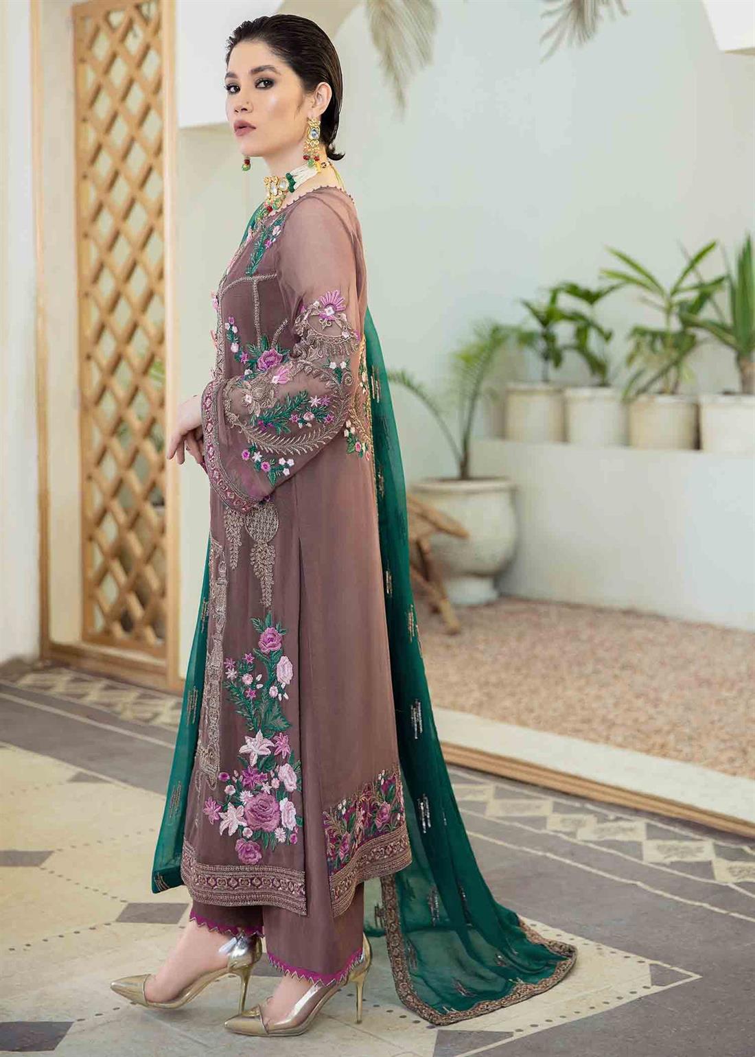 Brown Embroidered Raw Silk Ladies Readymade