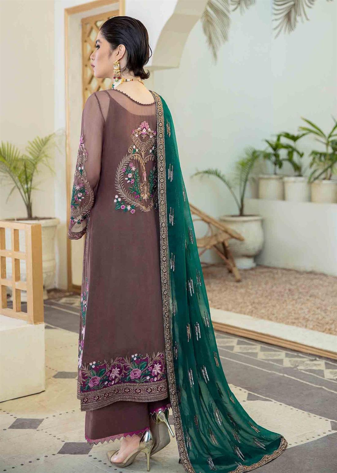 Brown Embroidered Raw Silk Ladies Readymade