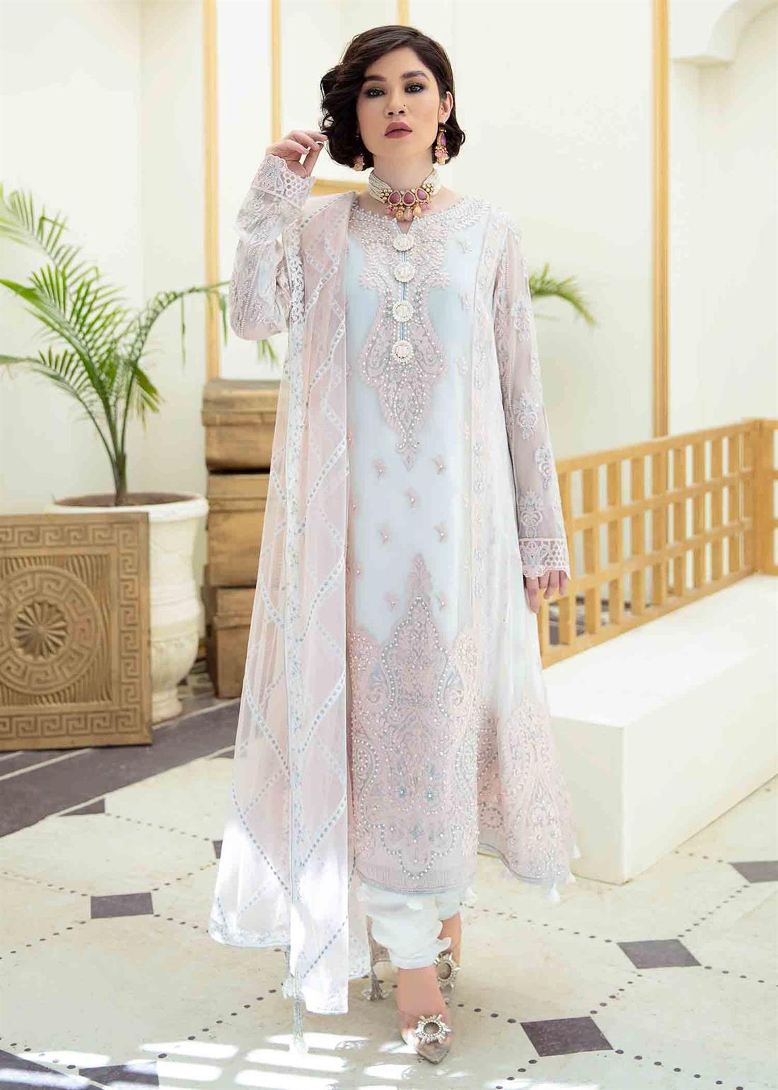 White Embroidered Raw Silk Ladies Readymade
