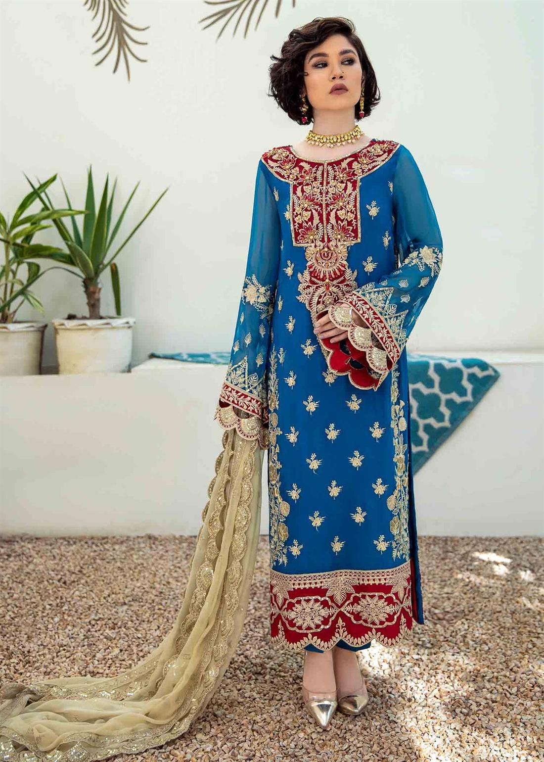 Blue Embroidered Raw Silk Ladies Readymade