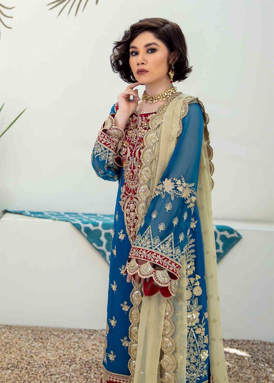 Blue Embroidered Raw Silk Ladies Readymade