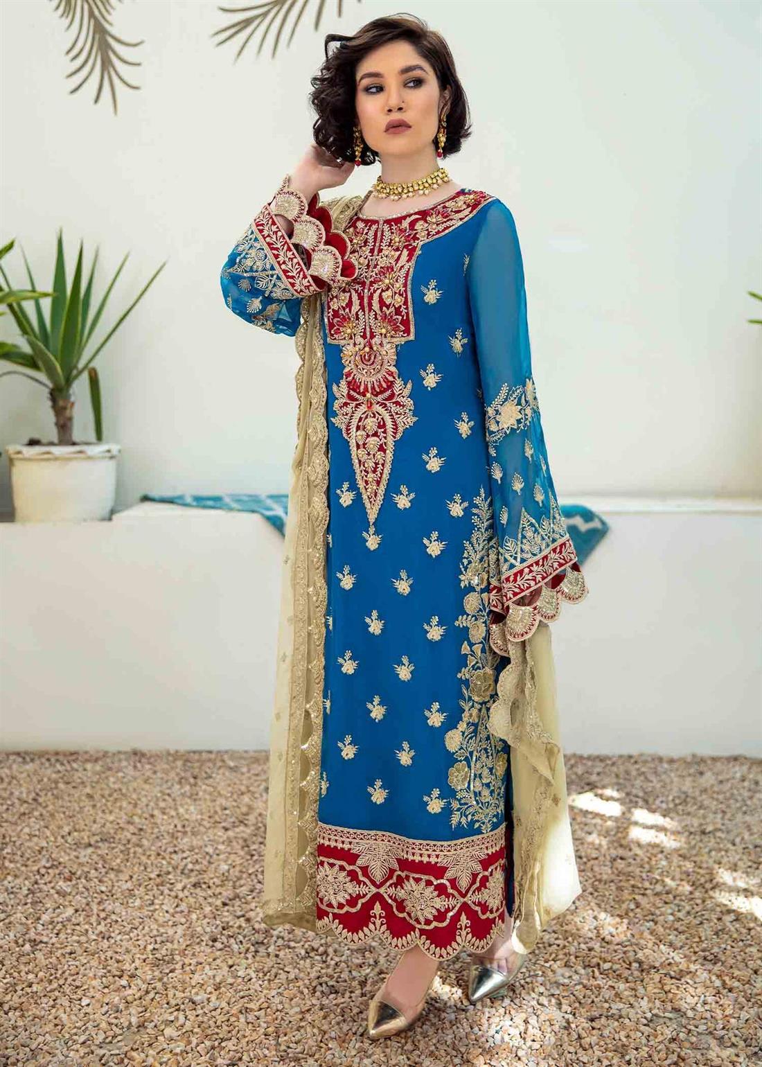 Blue Embroidered Raw Silk Ladies Readymade