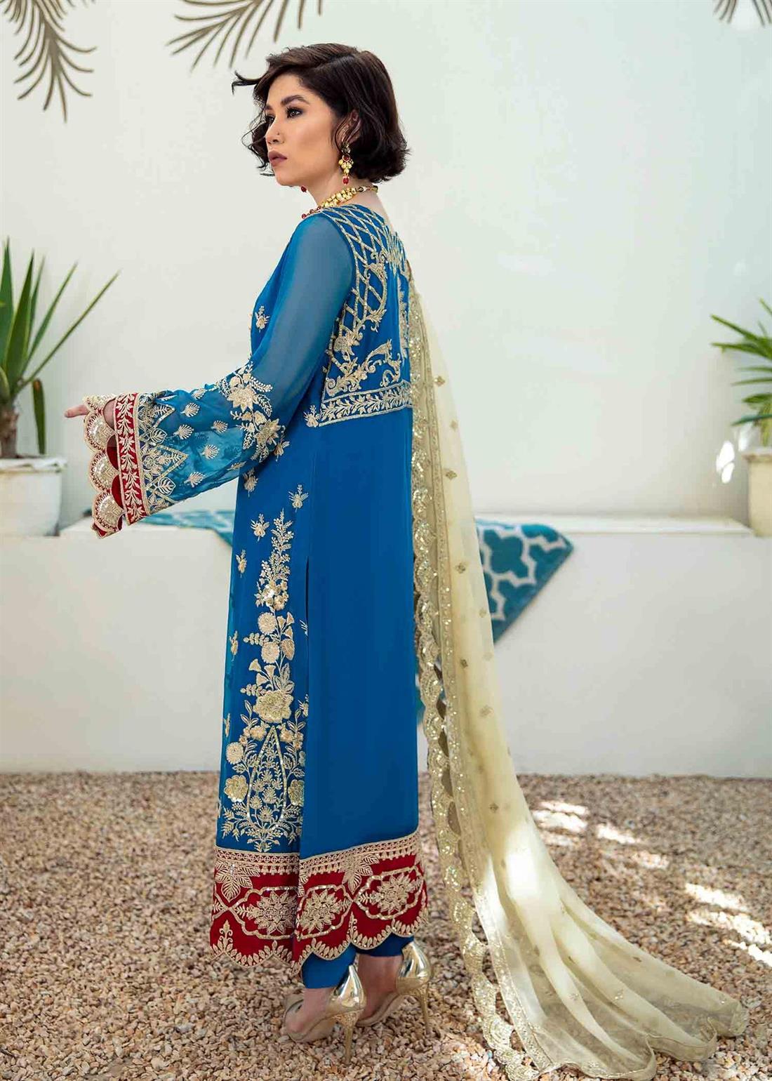 Blue Embroidered Raw Silk Ladies Readymade