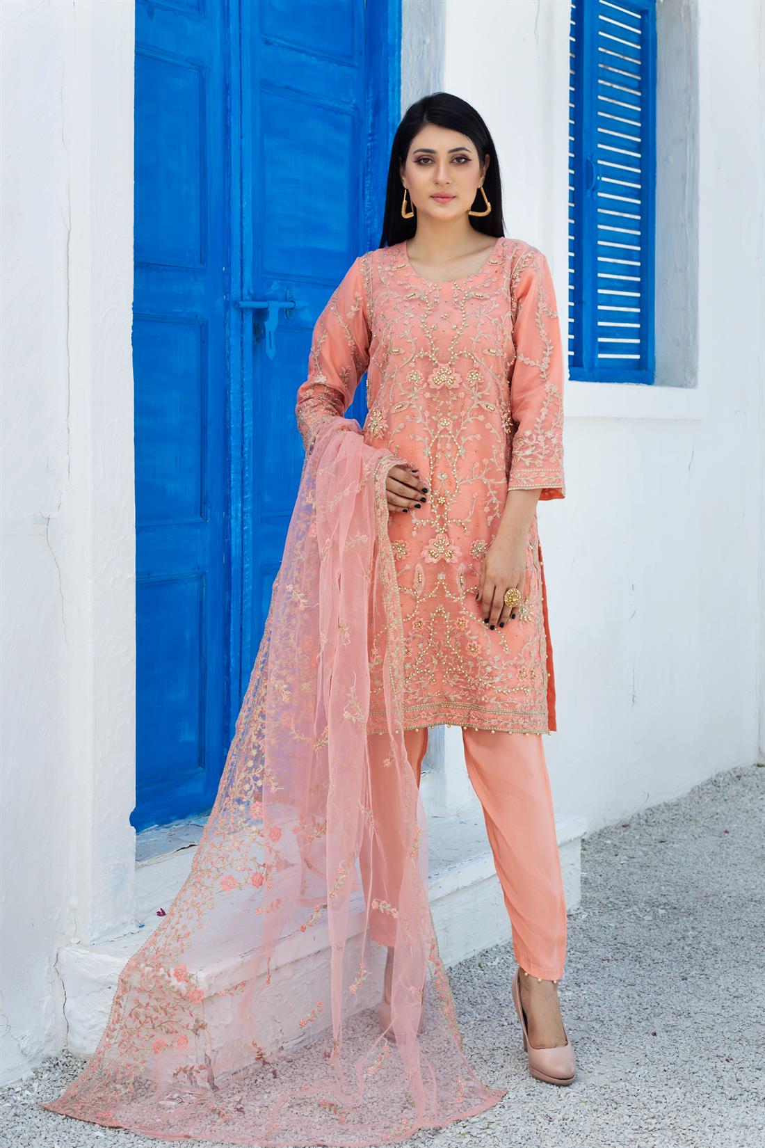 Pink Embroidered Stunning Organza 3 Piece Readymade Suit & Silk Trouser