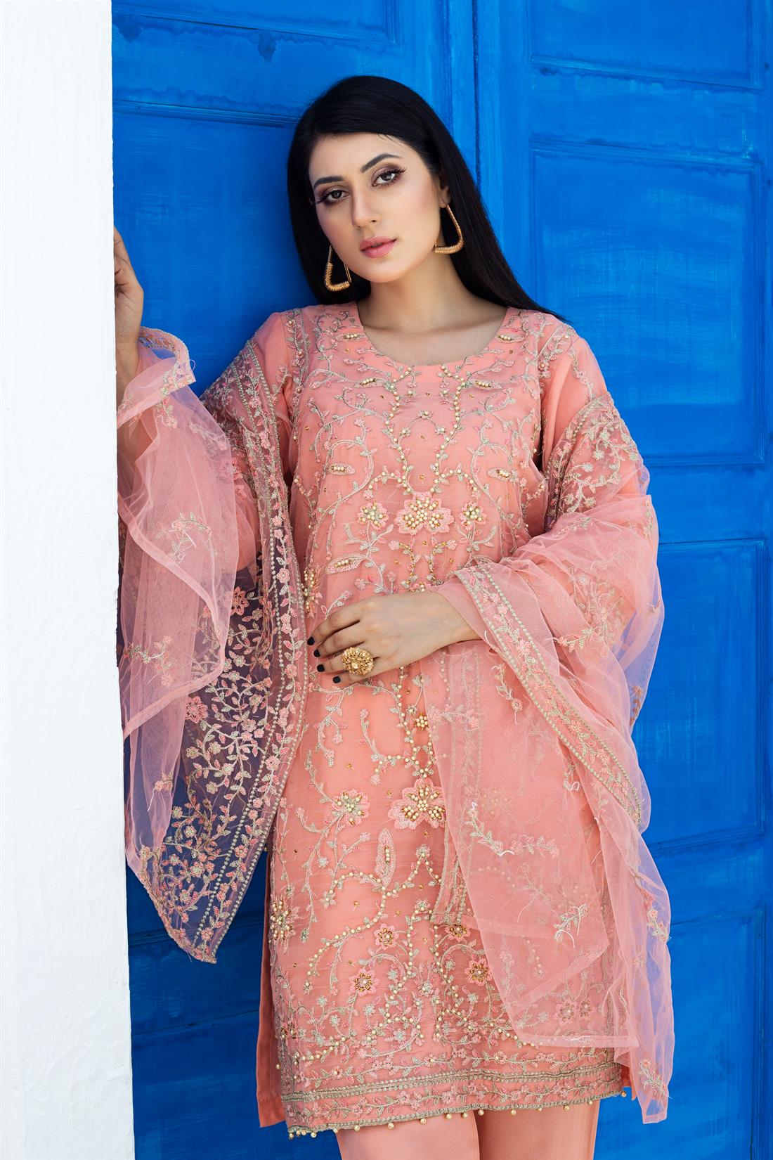 Pink Embroidered Stunning Organza 3 Piece Readymade Suit & Silk Trouser