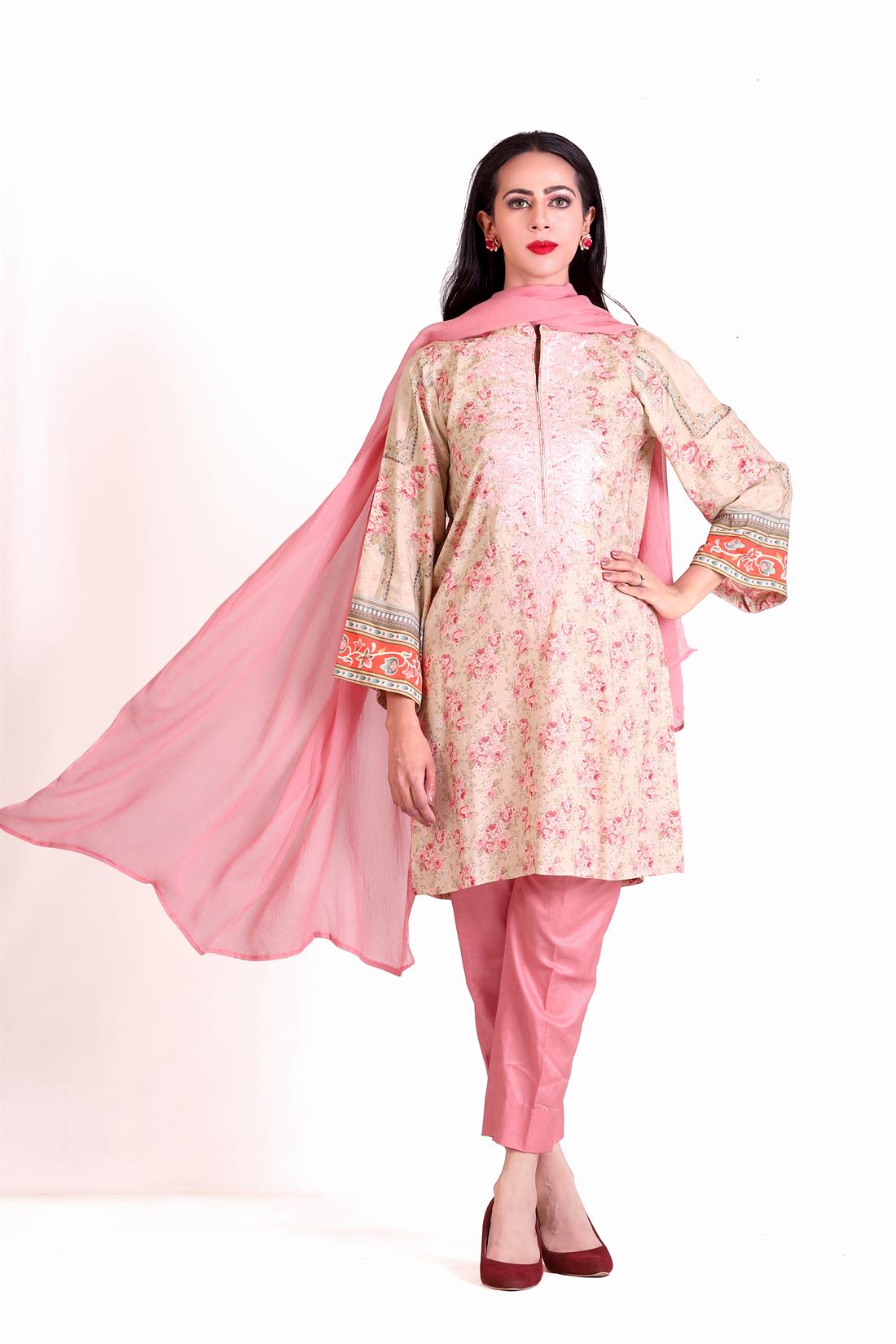Pink Embroidered Chiffon Ladies Readymade