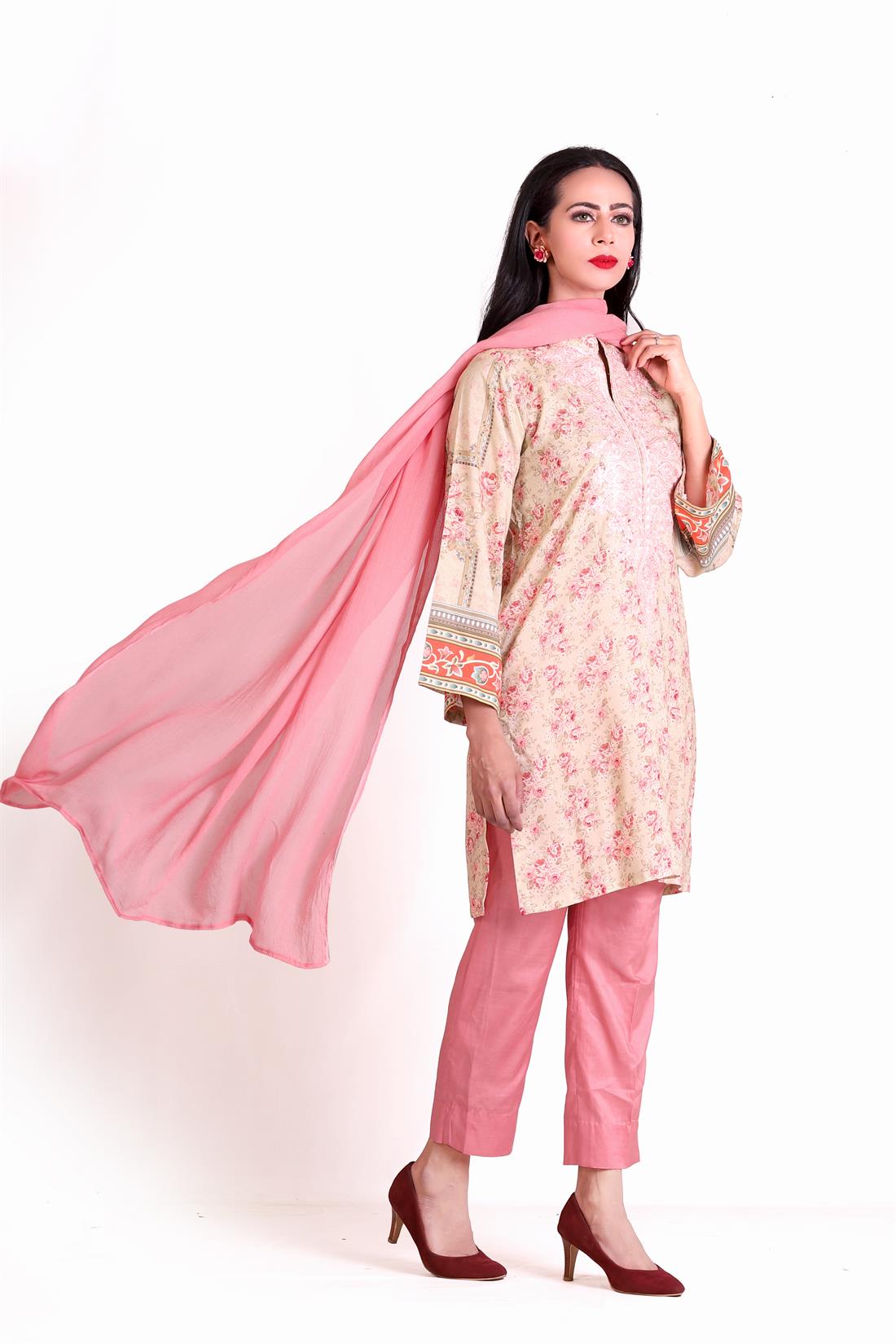 Pink Embroidered Chiffon Ladies Readymade