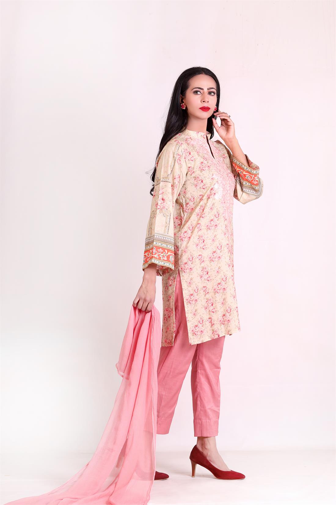 Pink Embroidered Chiffon Ladies Readymade