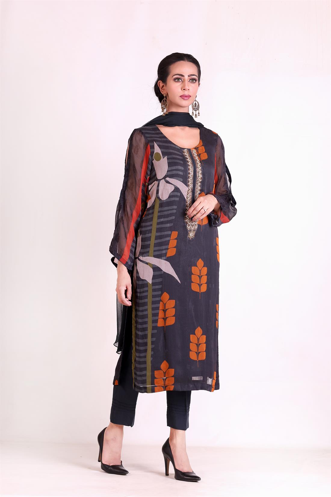 Steel Grey Chiffon Ladies Readymade