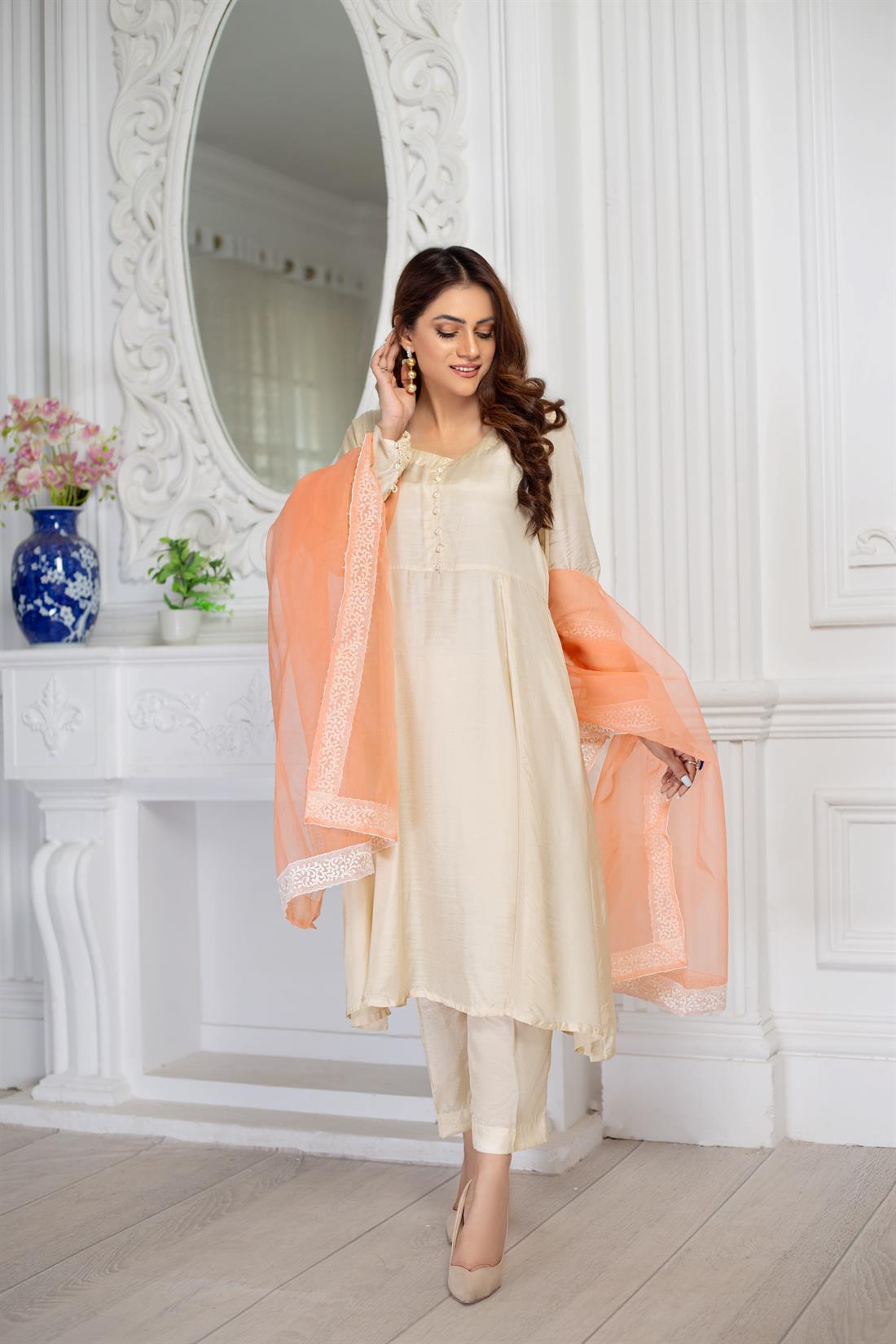 Cream Organza 3 Piece Cotton Silk Silhouette with Pants