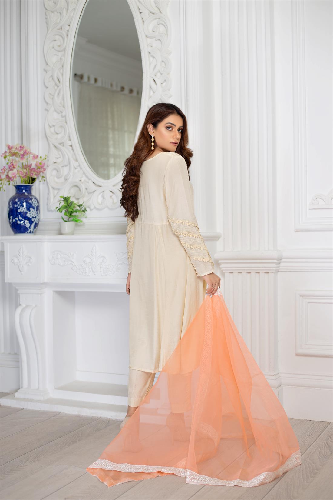 Cream Organza 3 Piece Cotton Silk Silhouette with Pants