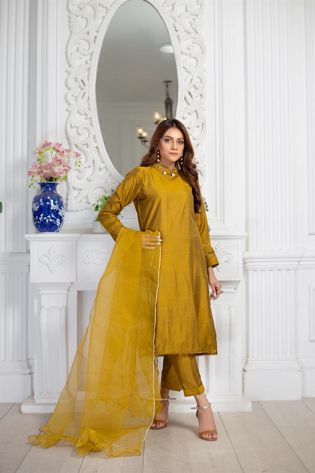 Mustard Organza 3 Piece Cotton Silk Silhouette with Pants
