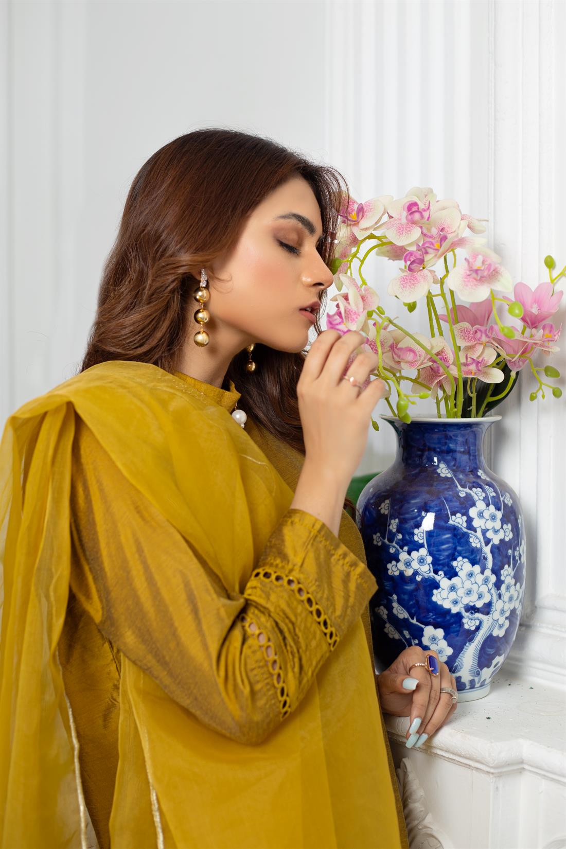 Mustard Organza 3 Piece Cotton Silk Silhouette with Pants