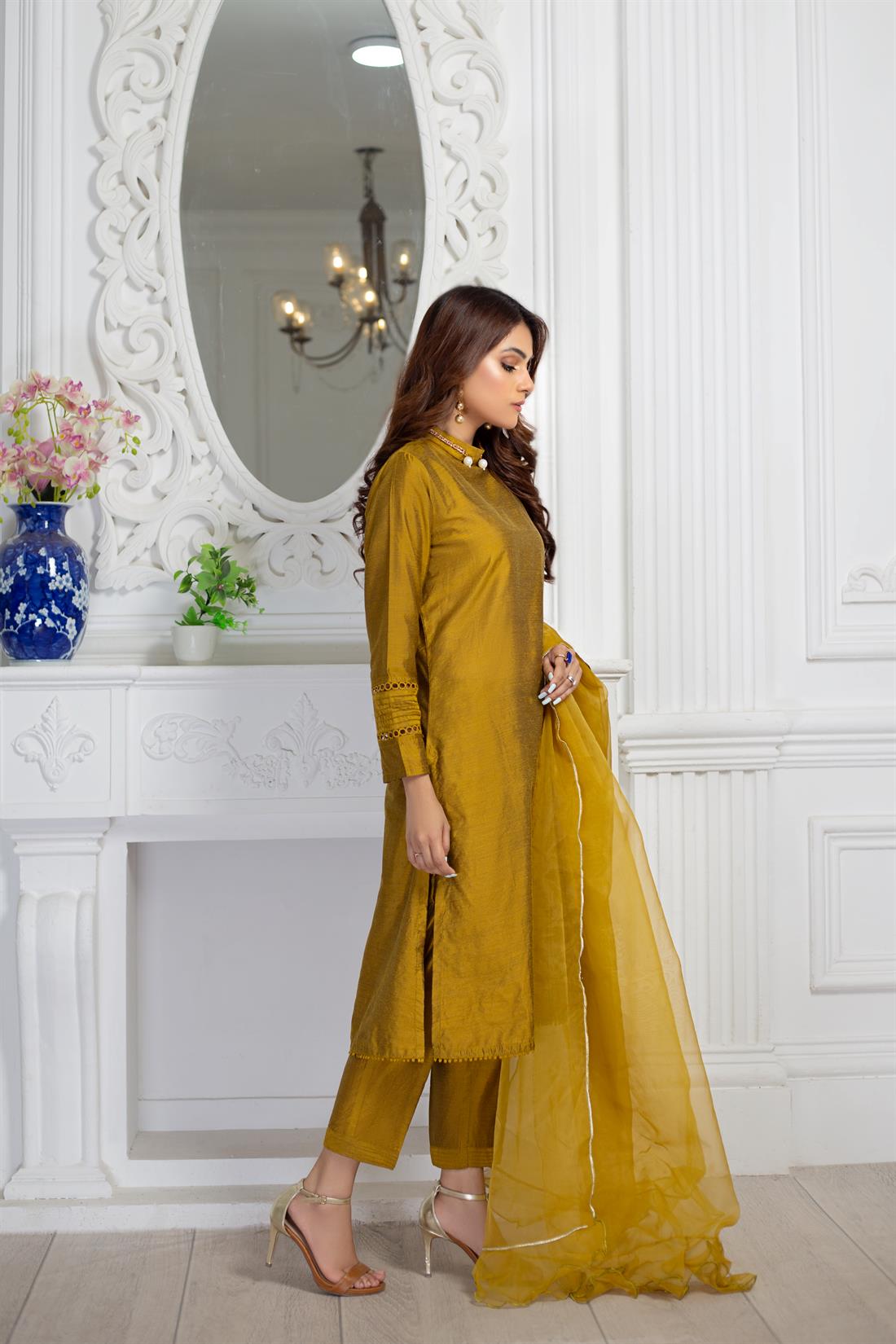 Mustard Organza 3 Piece Cotton Silk Silhouette with Pants