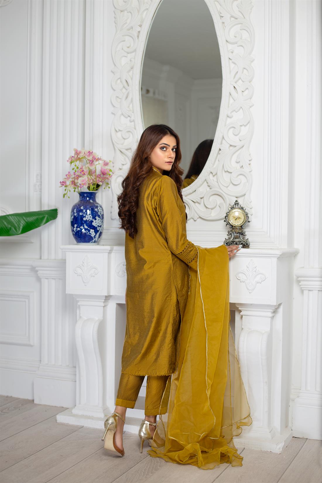 Mustard Organza 3 Piece Cotton Silk Silhouette with Pants