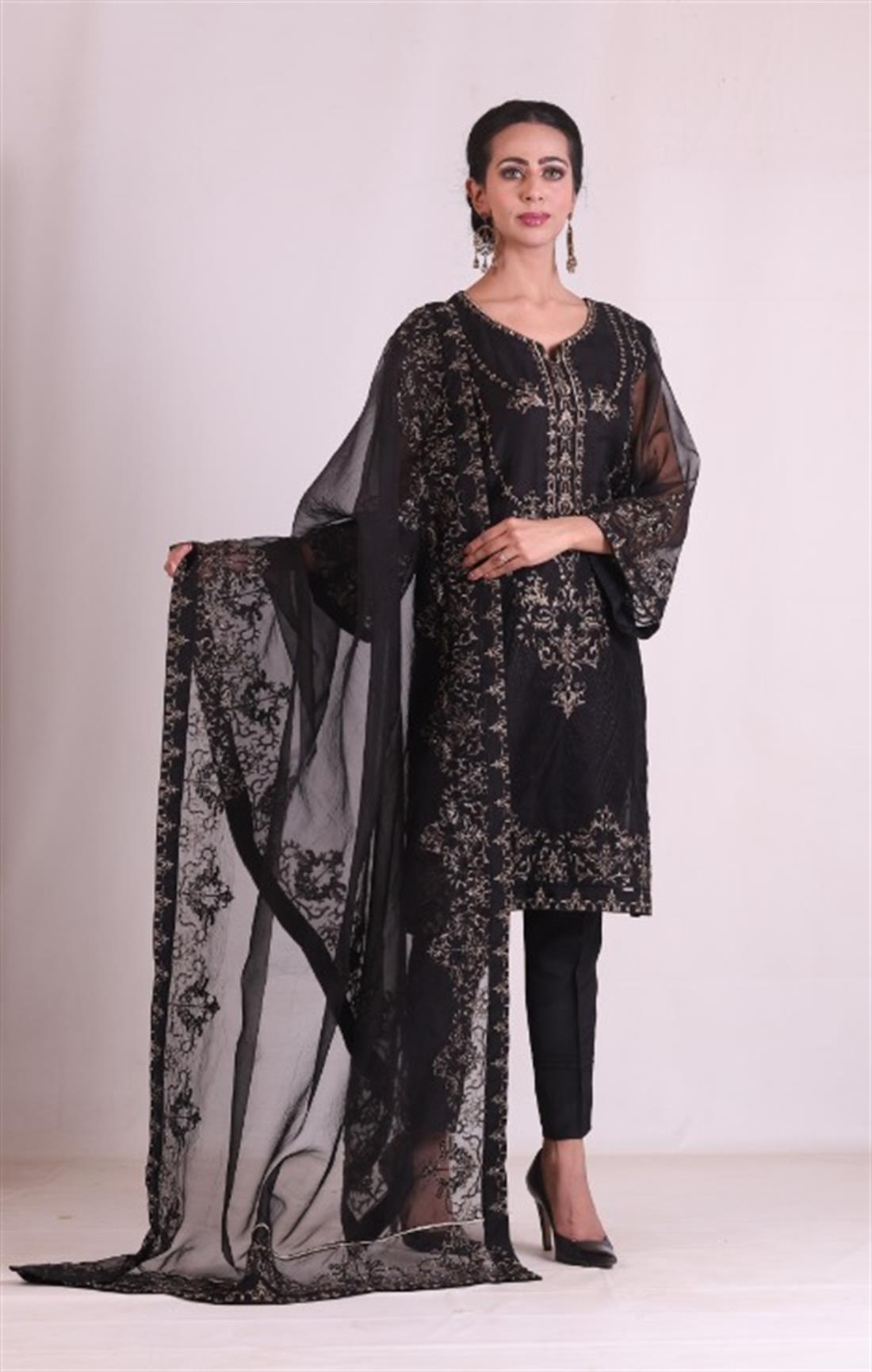 Black 3 Piece Embroidered Organza Kameez & Trouser