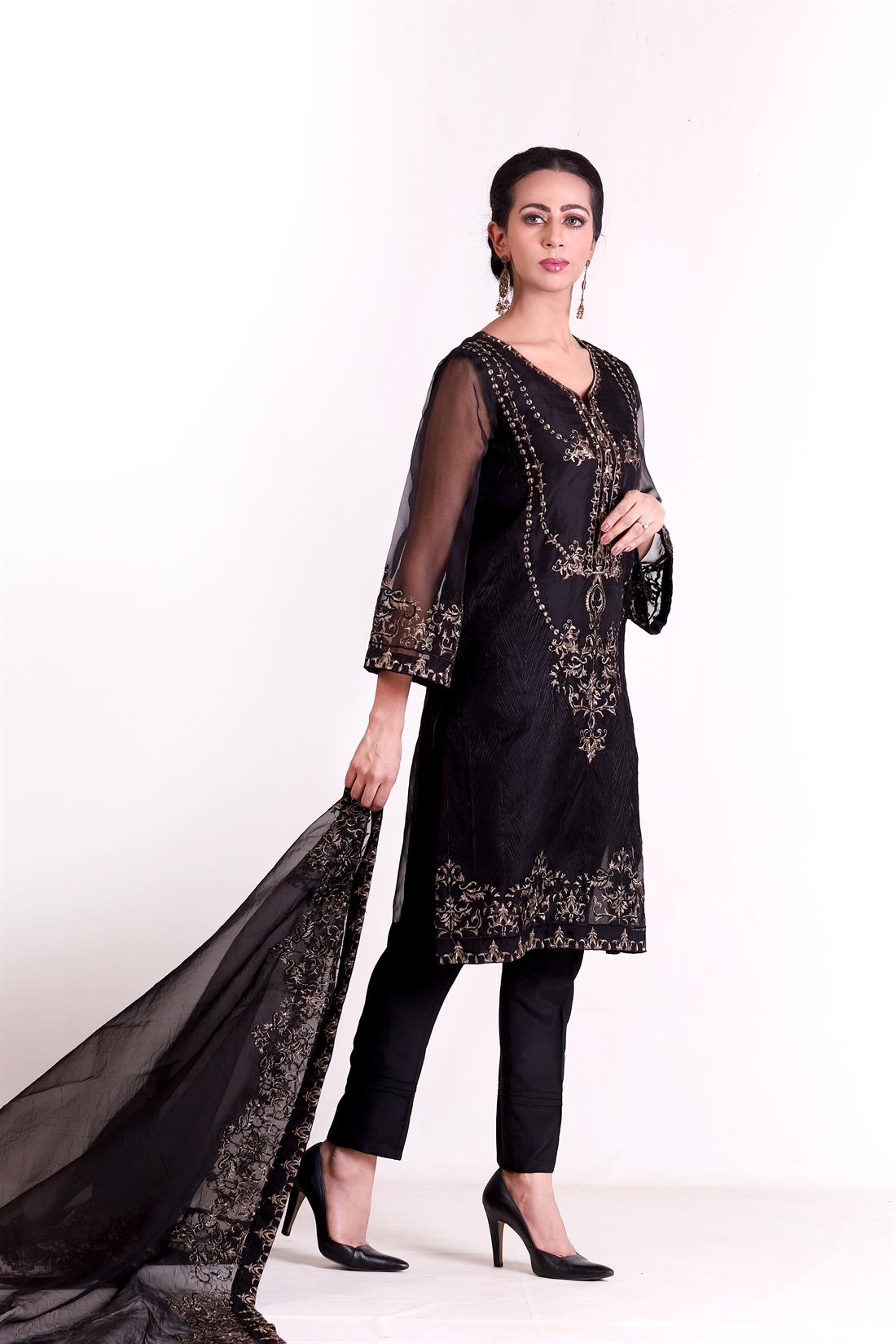 Black 3 Piece Embroidered Organza Kameez & Trouser
